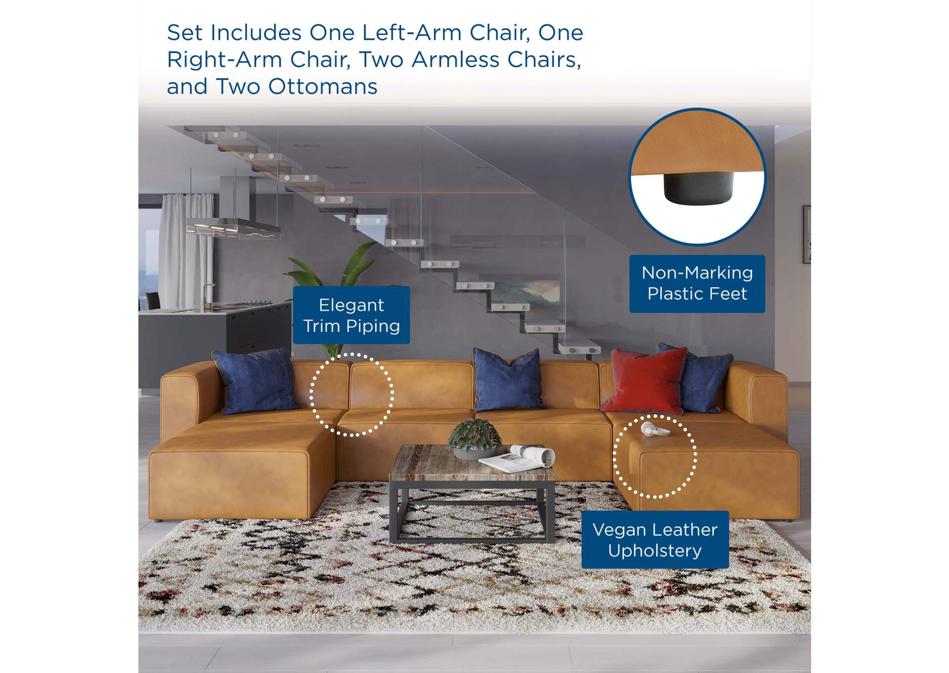 Tan Mingle Vegan Leather 4-Piece Sofa and 2 Ottomans Set,Modway