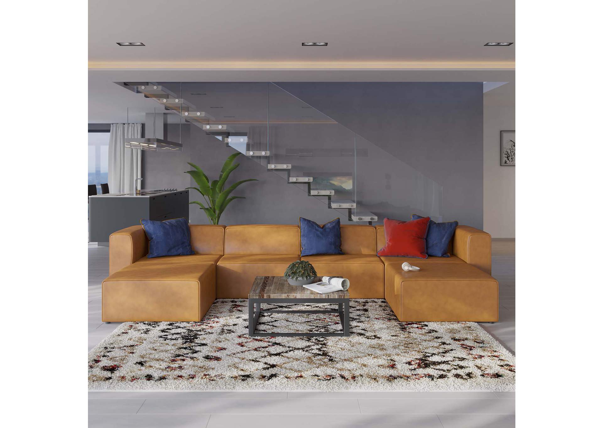 Tan Mingle Vegan Leather 4-Piece Sofa and 2 Ottomans Set,Modway