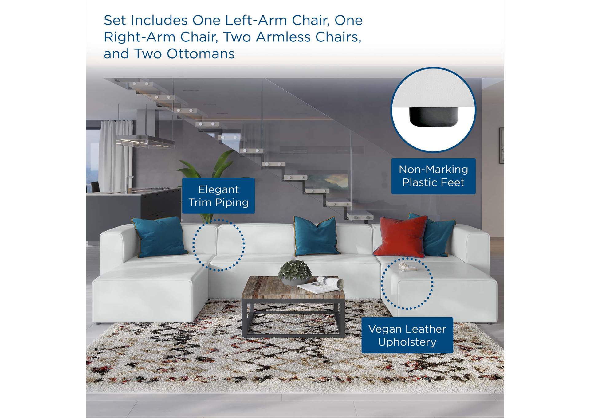 White Mingle Vegan Leather 4-Piece Sofa and 2 Ottomans Set,Modway