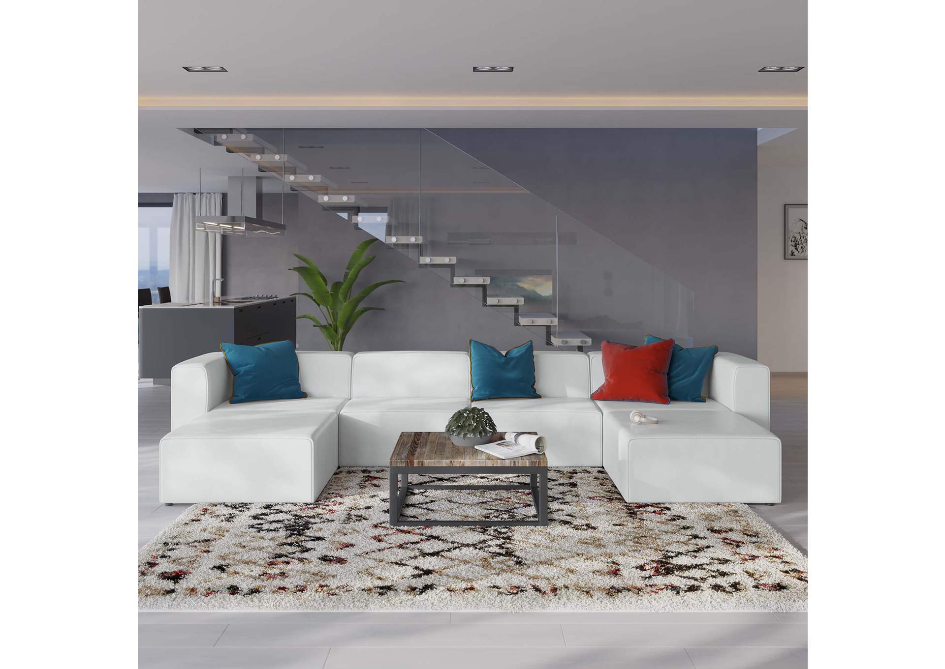 White Mingle Vegan Leather 4-Piece Sofa and 2 Ottomans Set,Modway