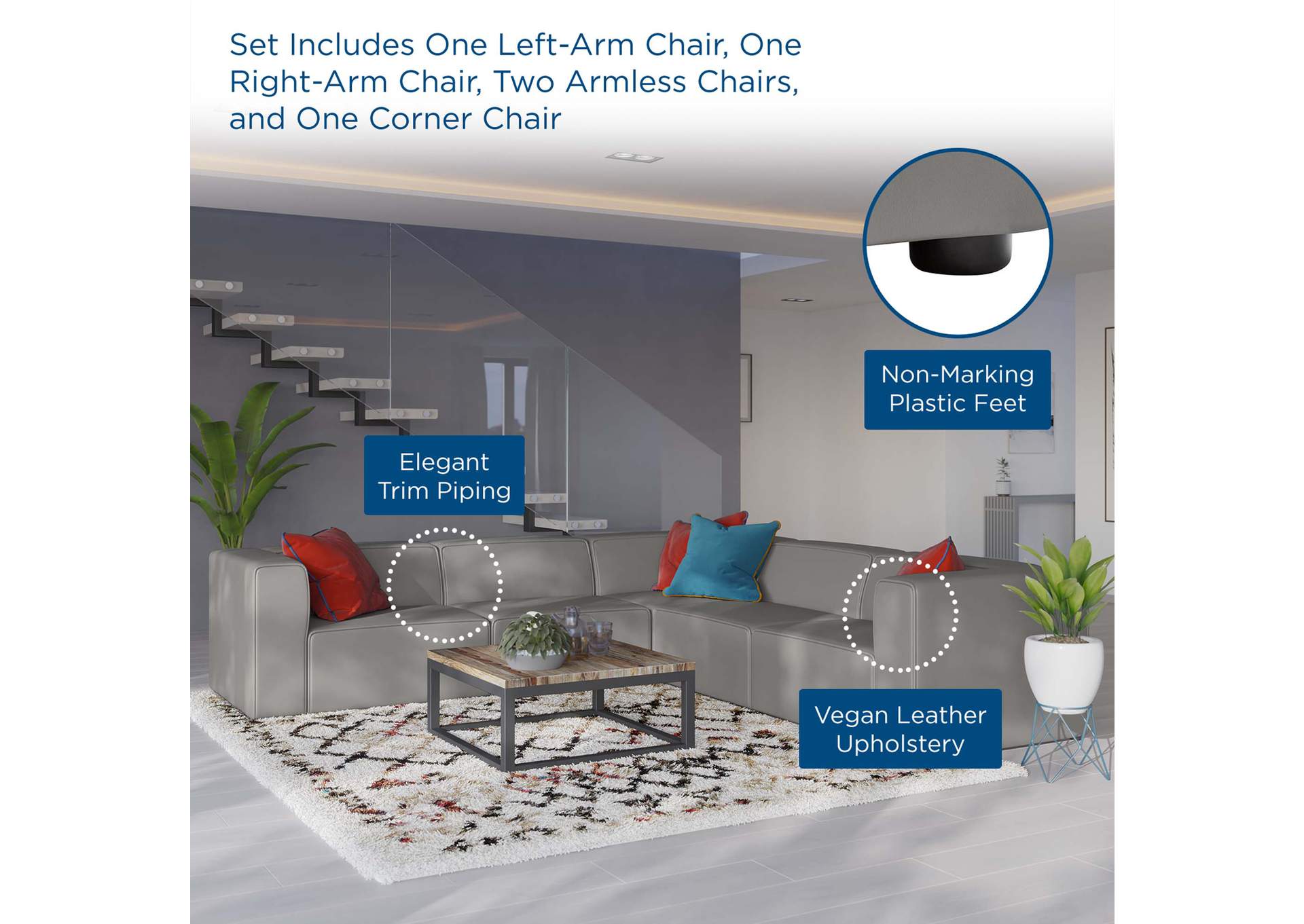 Gray Mingle Vegan Leather 5-Piece Sectional Sofa,Modway