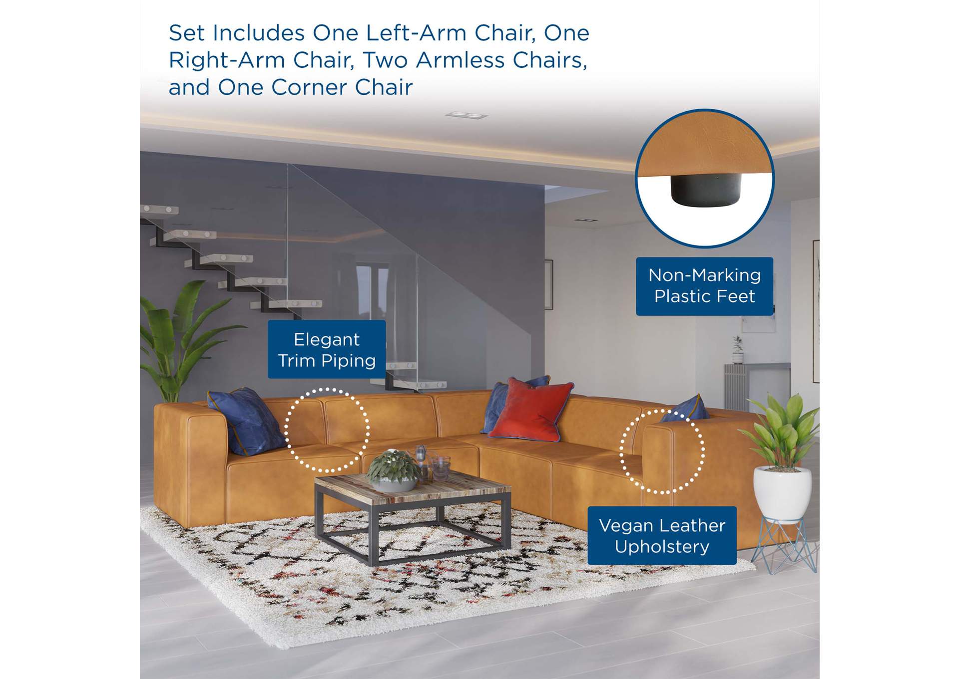 Tan Mingle Vegan Leather 5-Piece Sectional Sofa,Modway