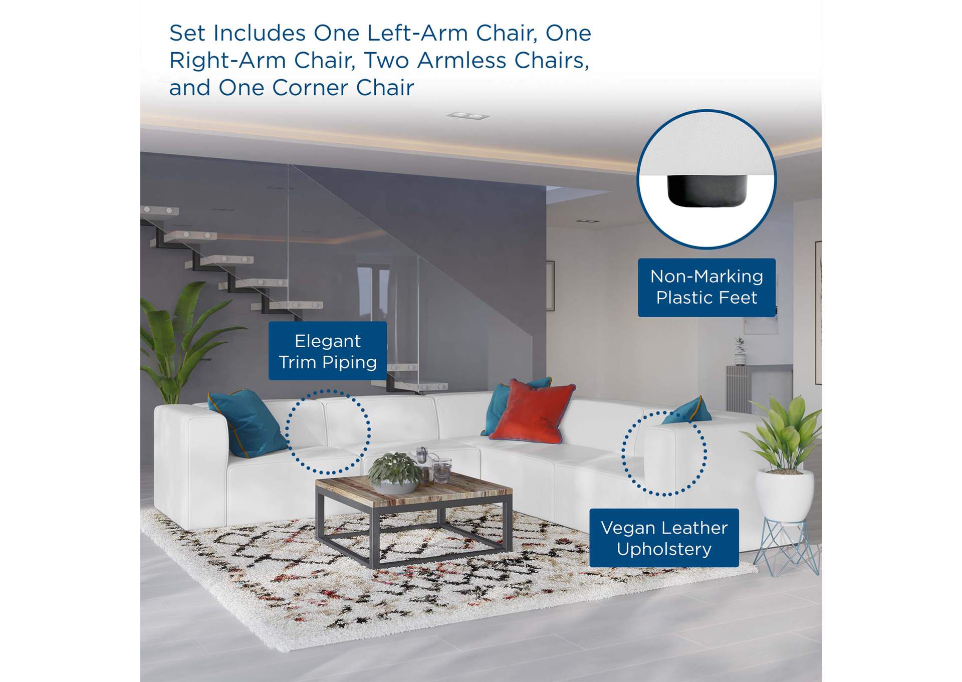 White Mingle Vegan Leather 5-Piece Sectional Sofa,Modway