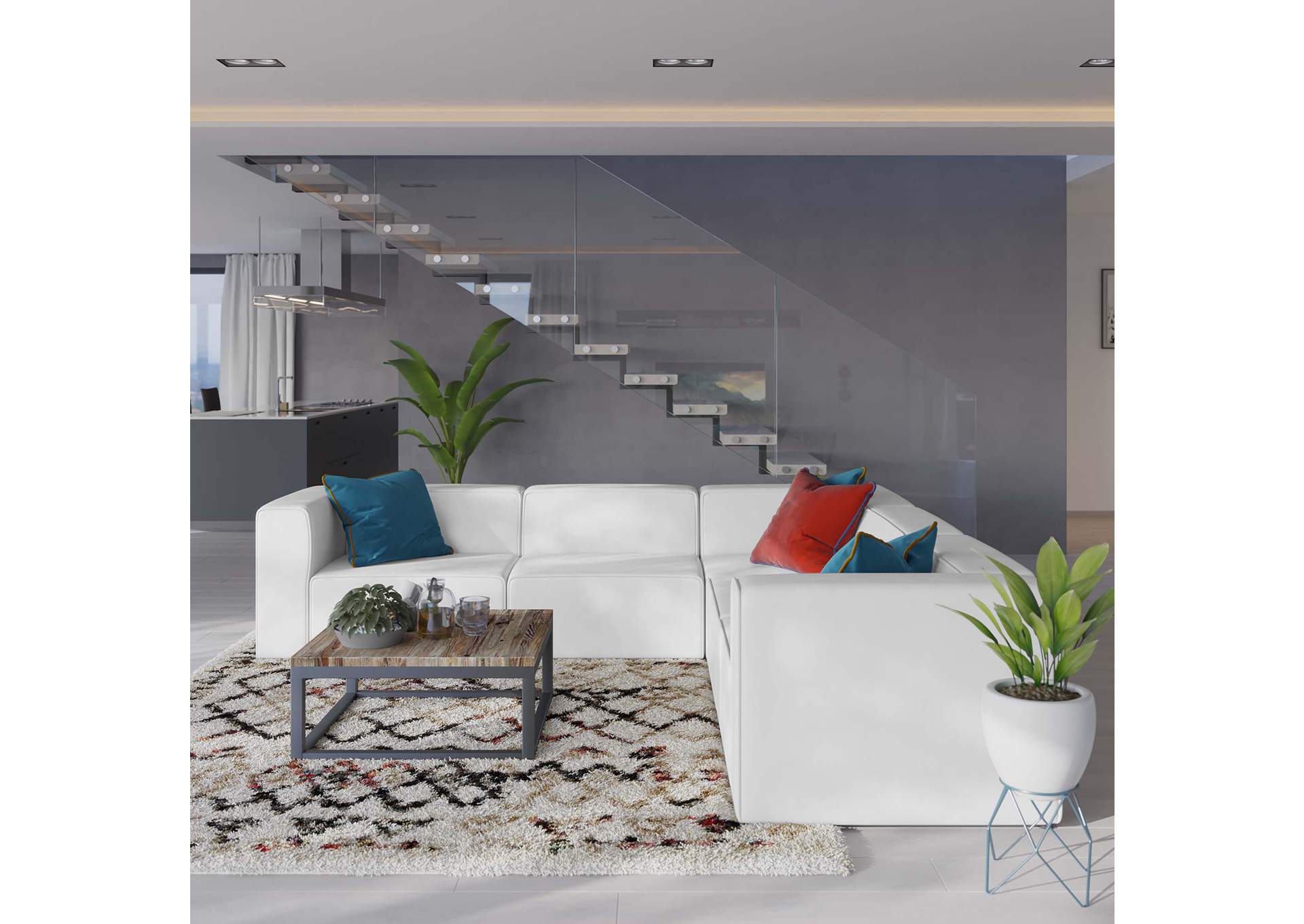 White Mingle Vegan Leather 5-Piece Sectional Sofa,Modway