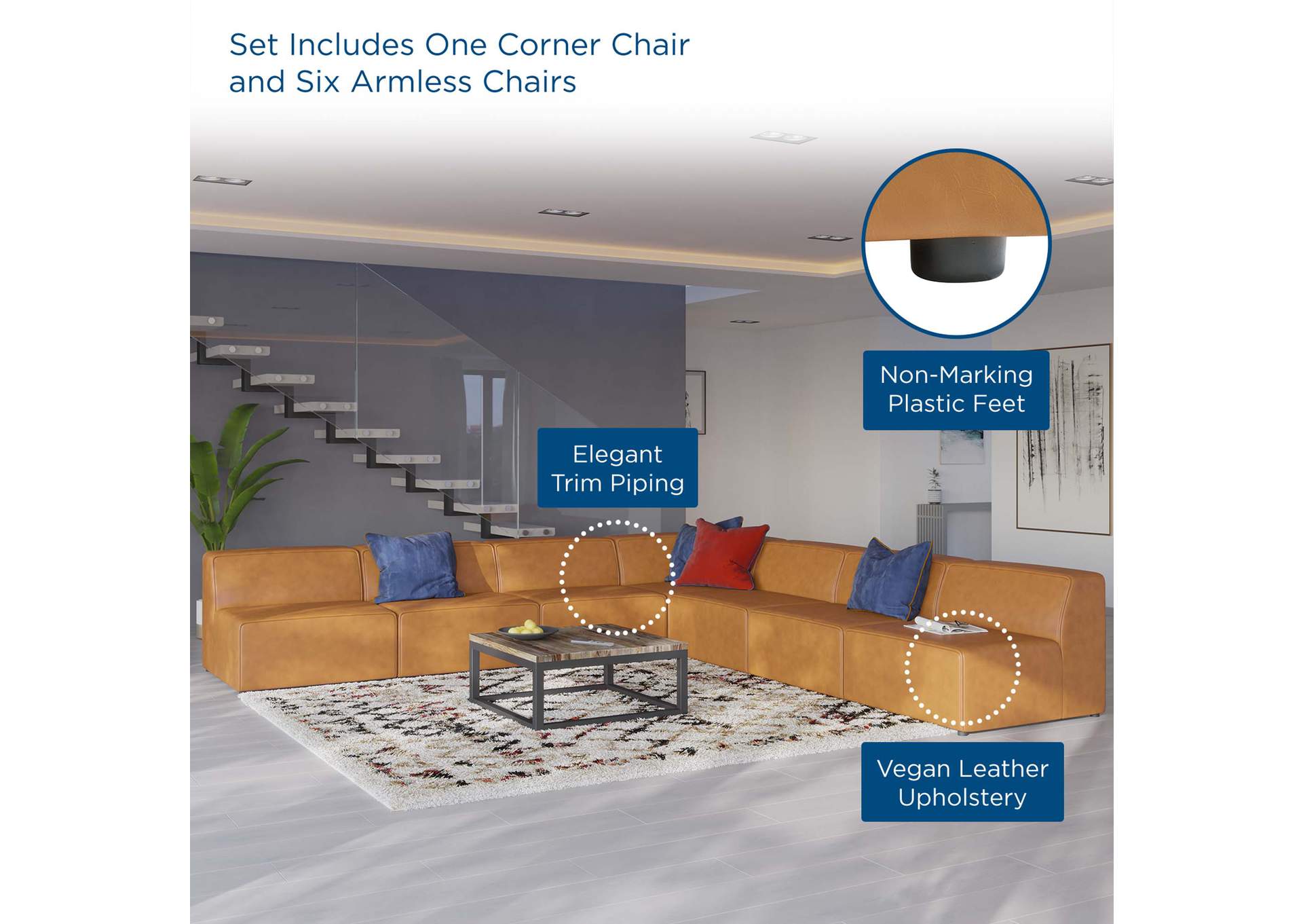 Tan Mingle Vegan Leather 7-Piece Sectional Sofa,Modway