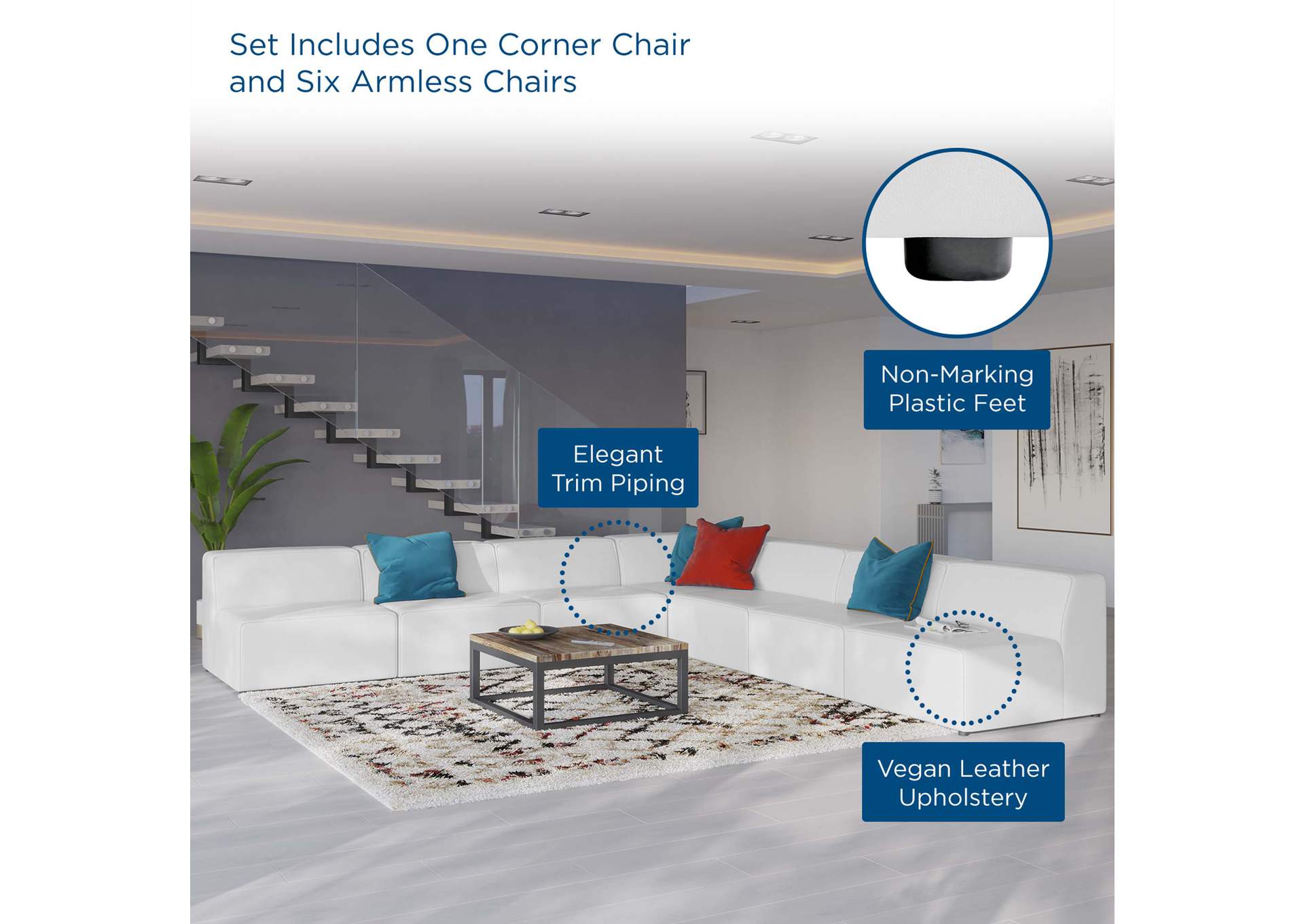 White Mingle Vegan Leather 7-Piece Sectional Sofa,Modway