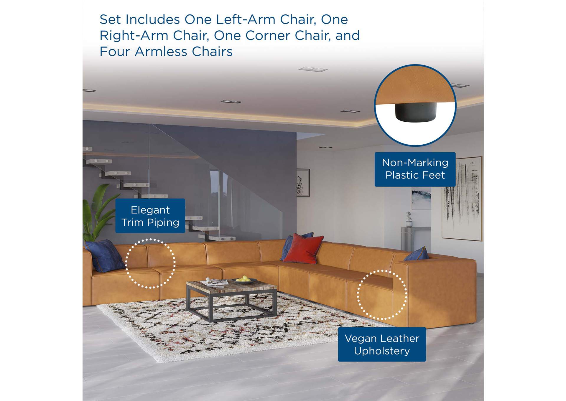 Tan Mingle Vegan Leather 7-Piece Sectional Sofa,Modway