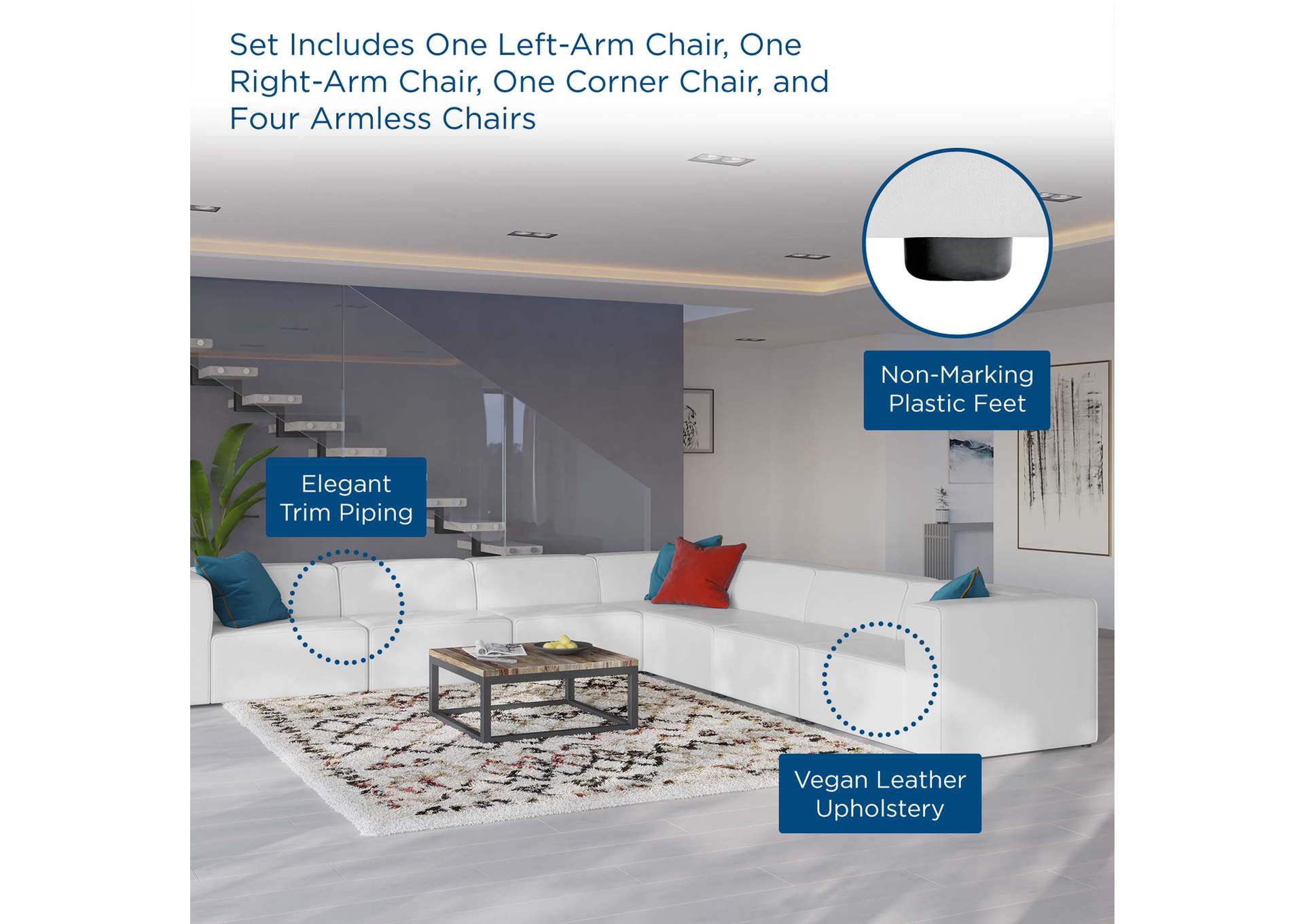 White Mingle Vegan Leather 7-Piece Sectional Sofa,Modway