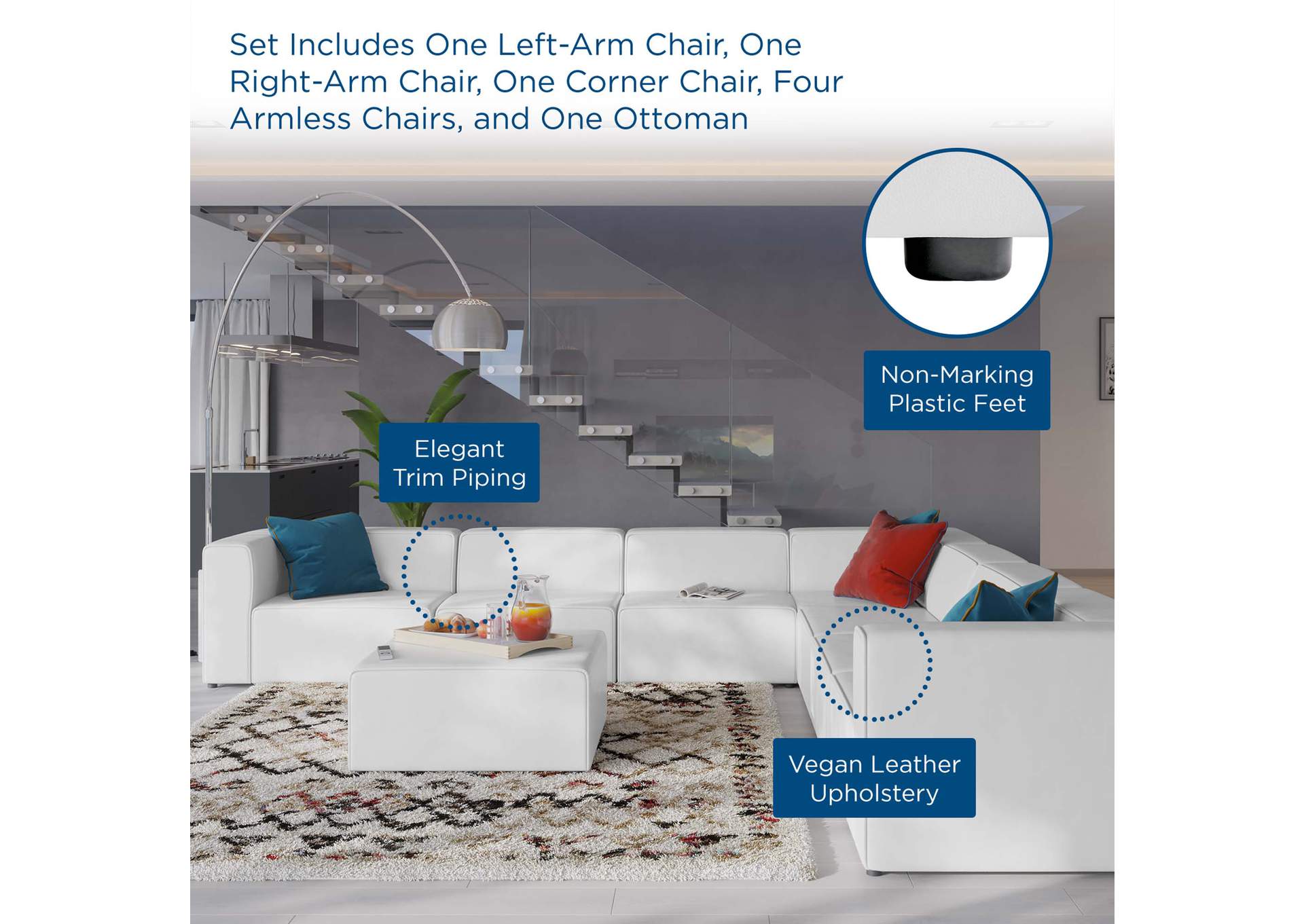 White Mingle Vegan Leather 8-Piece Sectional Sofa Set,Modway