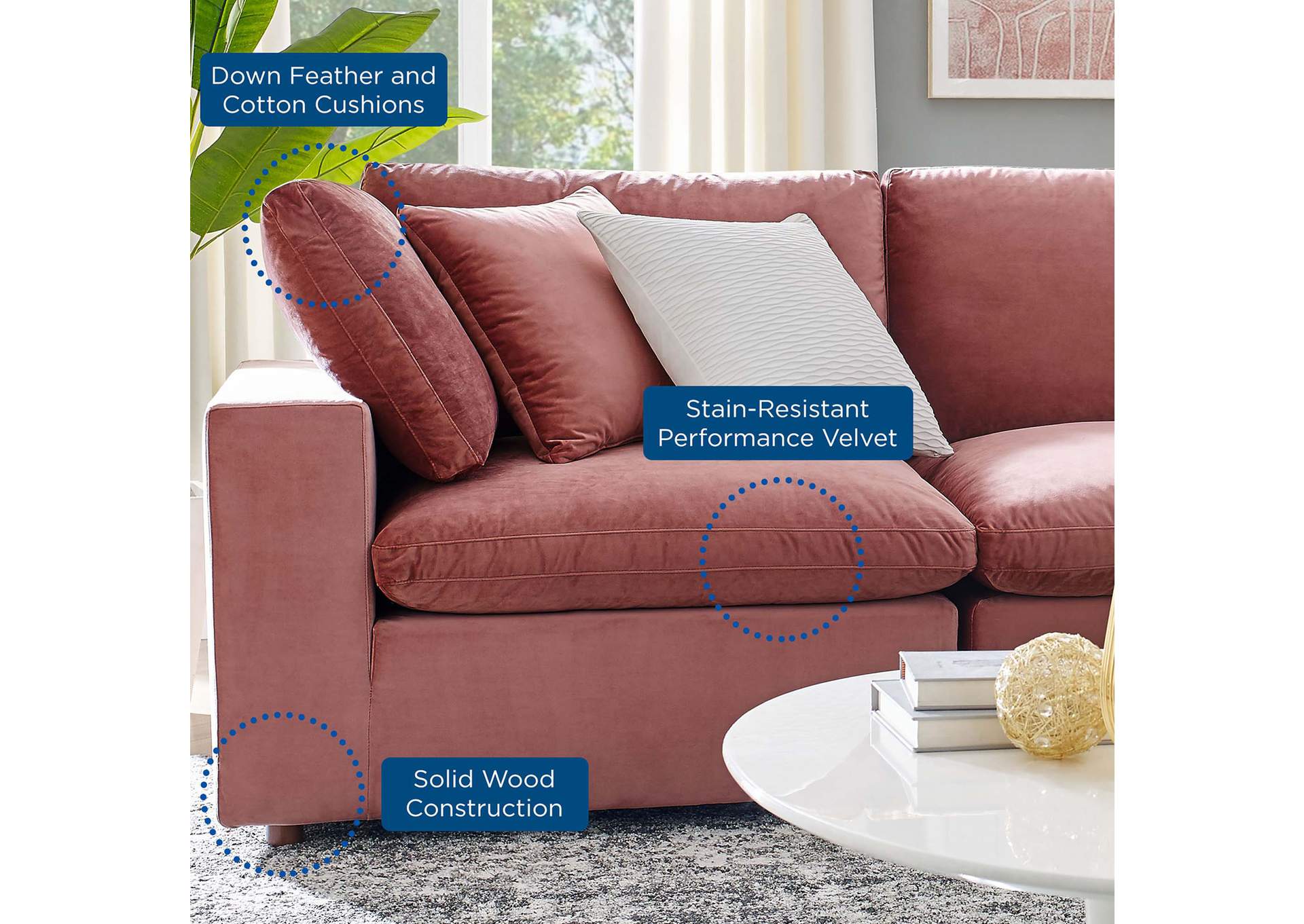 Dusty Rose Commix Down Filled Overstuffed Performance Velvet Loveseat,Modway