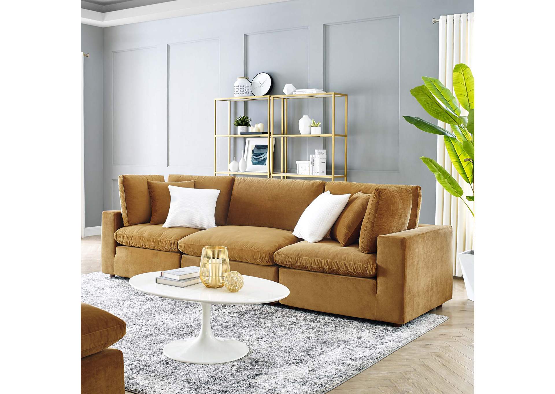 Cognac Commix Down Filled Overstuffed Performance Velvet 3-Seater Sofa,Modway