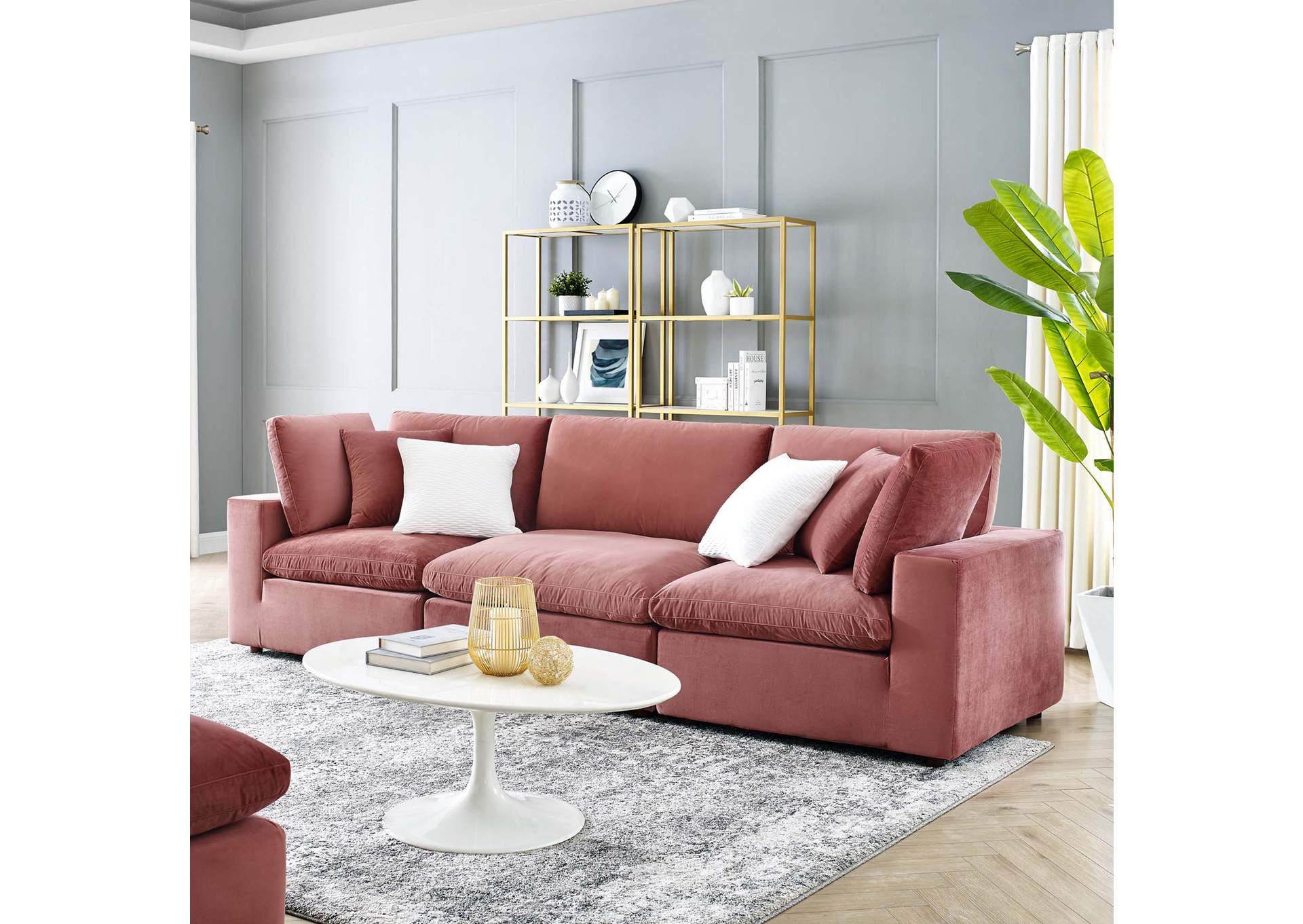 Dusty Rose Commix Down Filled Overstuffed Performance Velvet 3-Seater Sofa,Modway