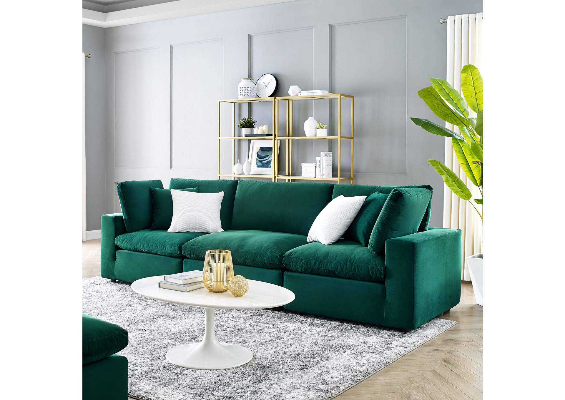 Green Commix Down Filled Overstuffed Performance Velvet 3-Seater Sofa,Modway