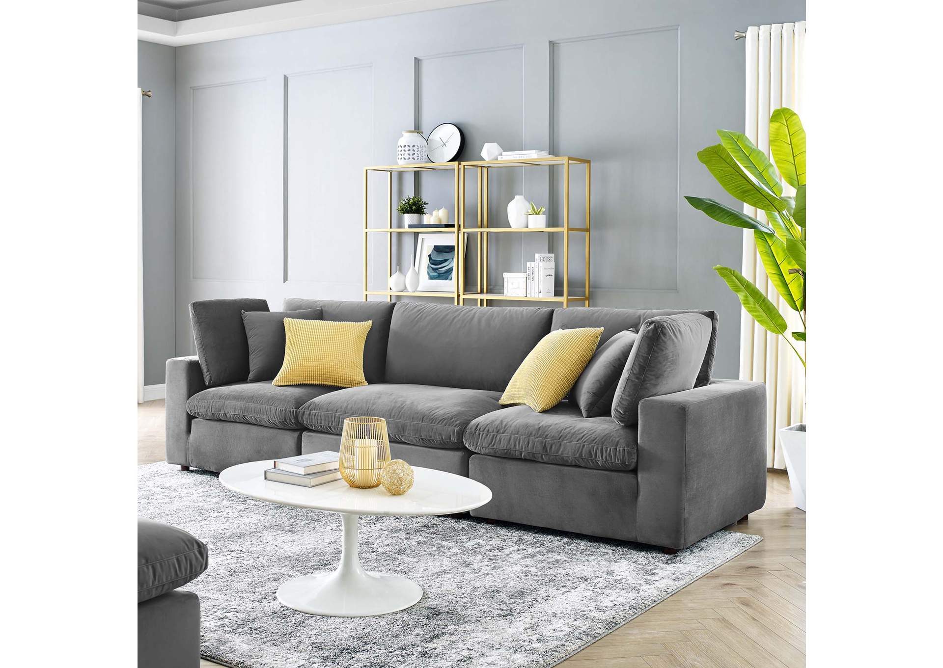 Gray Commix Down Filled Overstuffed Performance Velvet 3-Seater Sofa,Modway