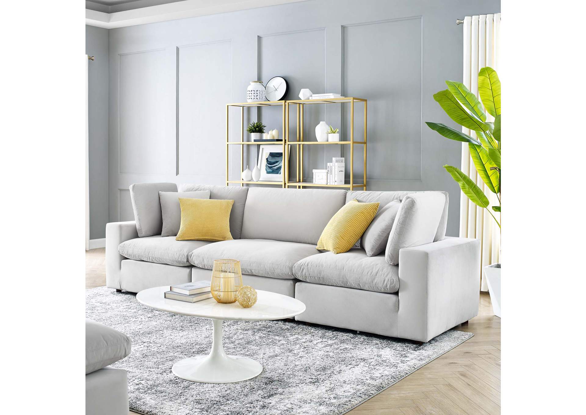 Light Gray Commix Down Filled Overstuffed Performance Velvet 3-Seater Sofa,Modway