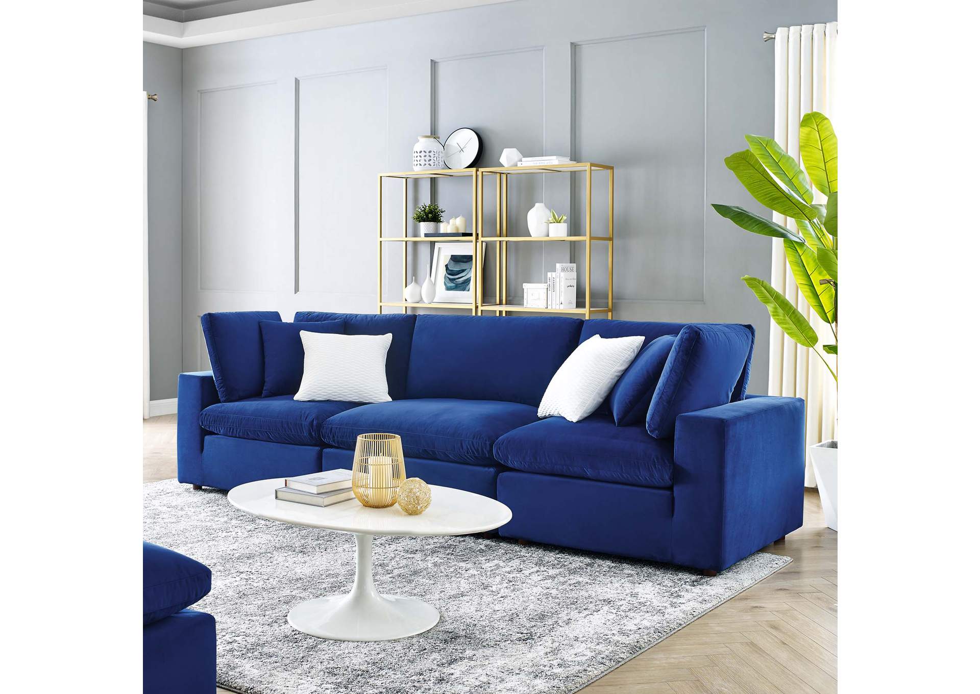 Navy Commix Down Filled Overstuffed Performance Velvet 3-Seater Sofa,Modway