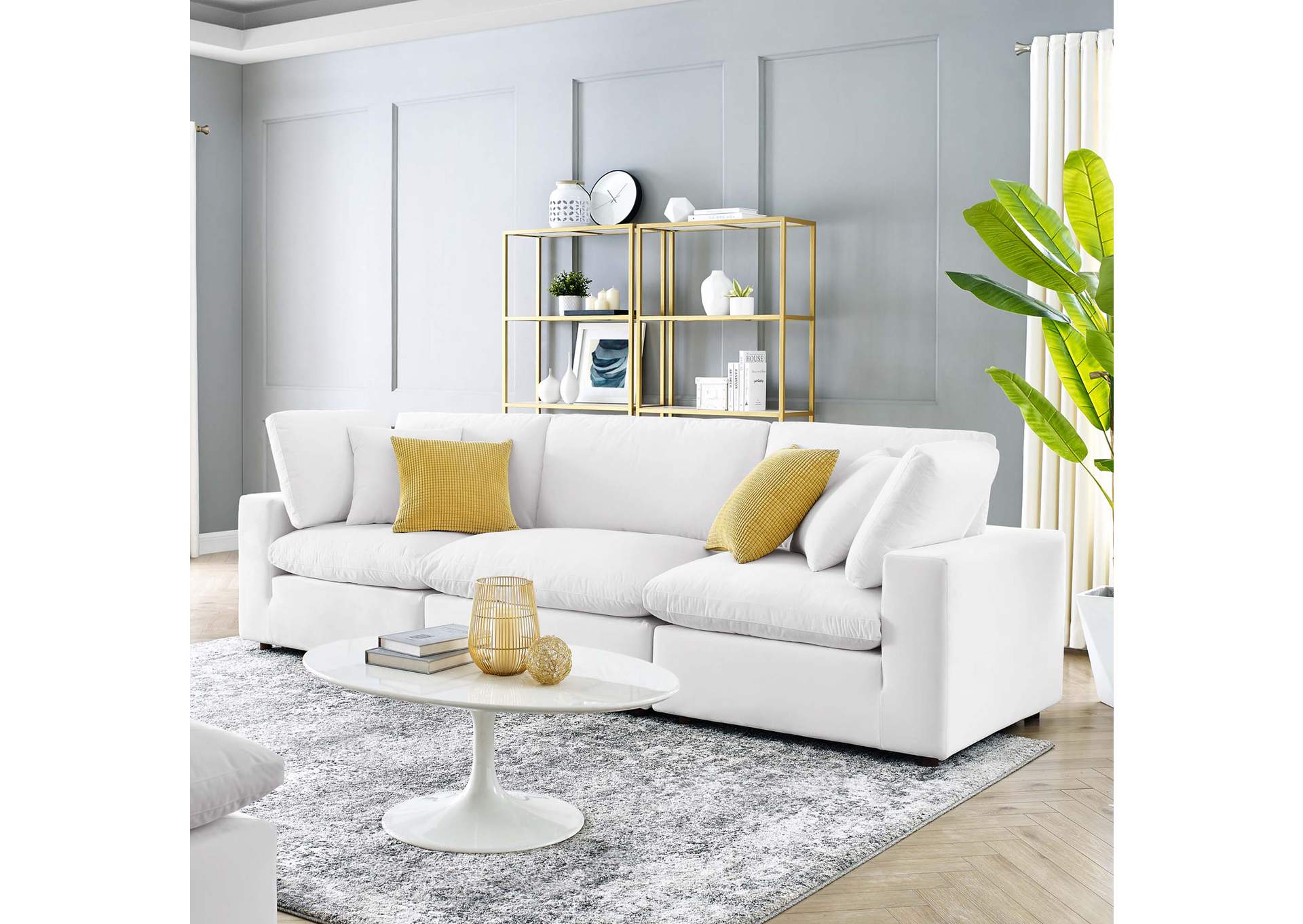 White Commix Down Filled Overstuffed Performance Velvet 3-Seater Sofa,Modway