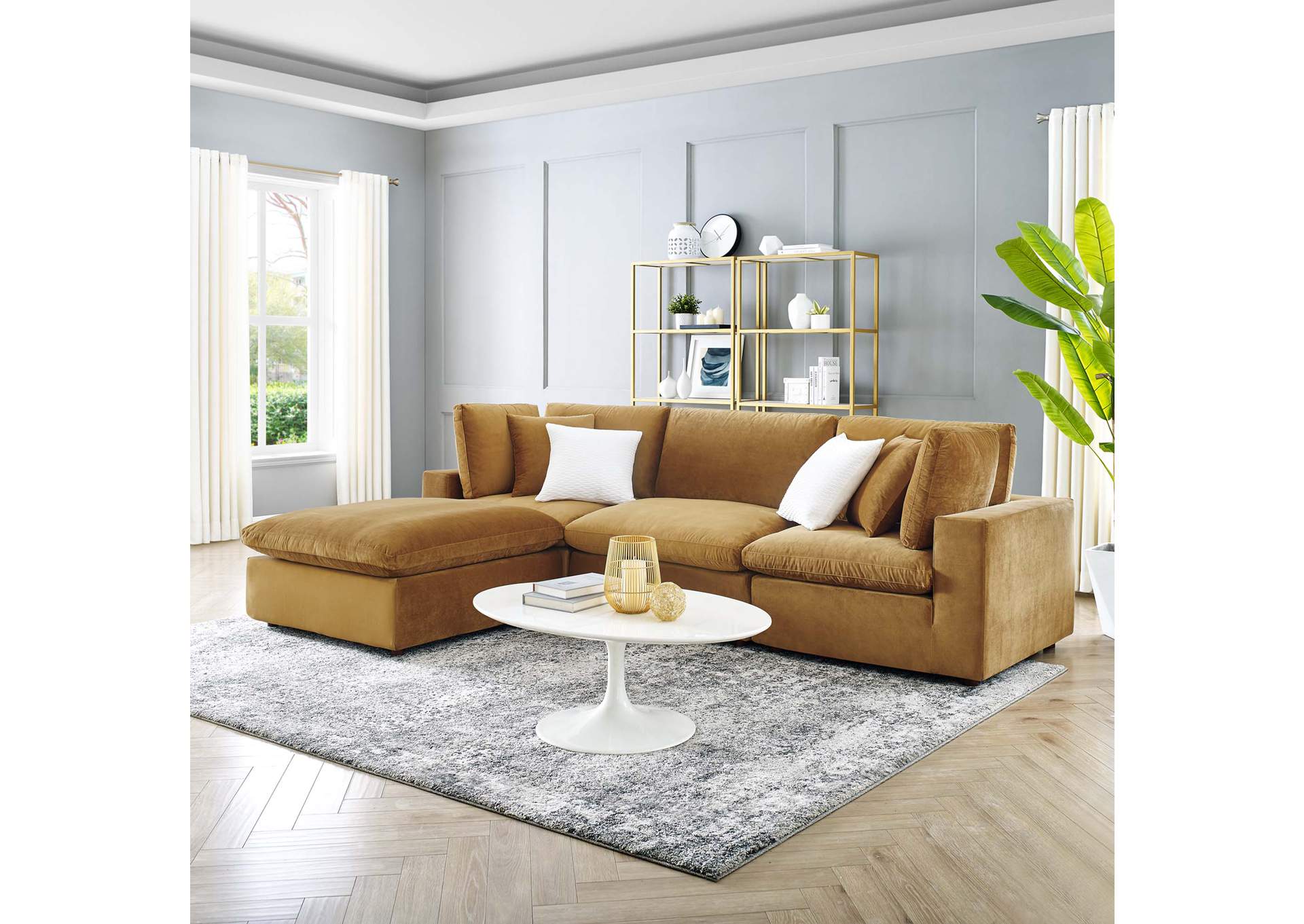 Cognac Commix Down Filled Overstuffed Performance Velvet 4-Piece Sectional Sofa,Modway