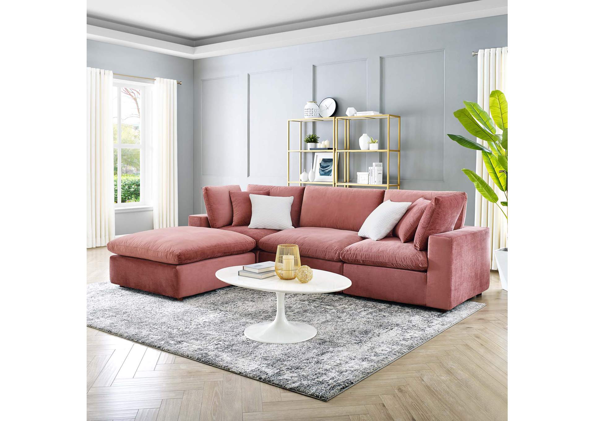 Dusty Rose Commix Down Filled Overstuffed Performance Velvet 4-Piece Sectional Sofa,Modway
