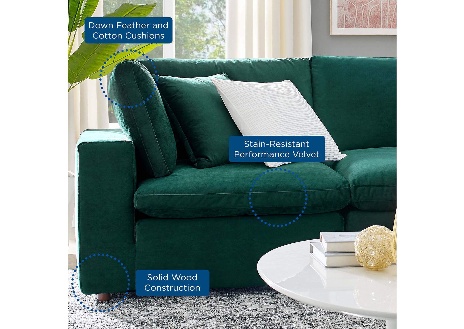Green Commix Down Filled Overstuffed Performance Velvet 4-Piece Sectional Sofa,Modway