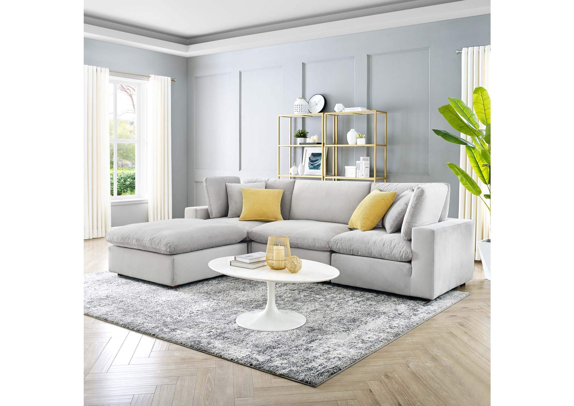 Light Gray Commix Down Filled Overstuffed Performance Velvet 4-Piece Sectional Sofa,Modway