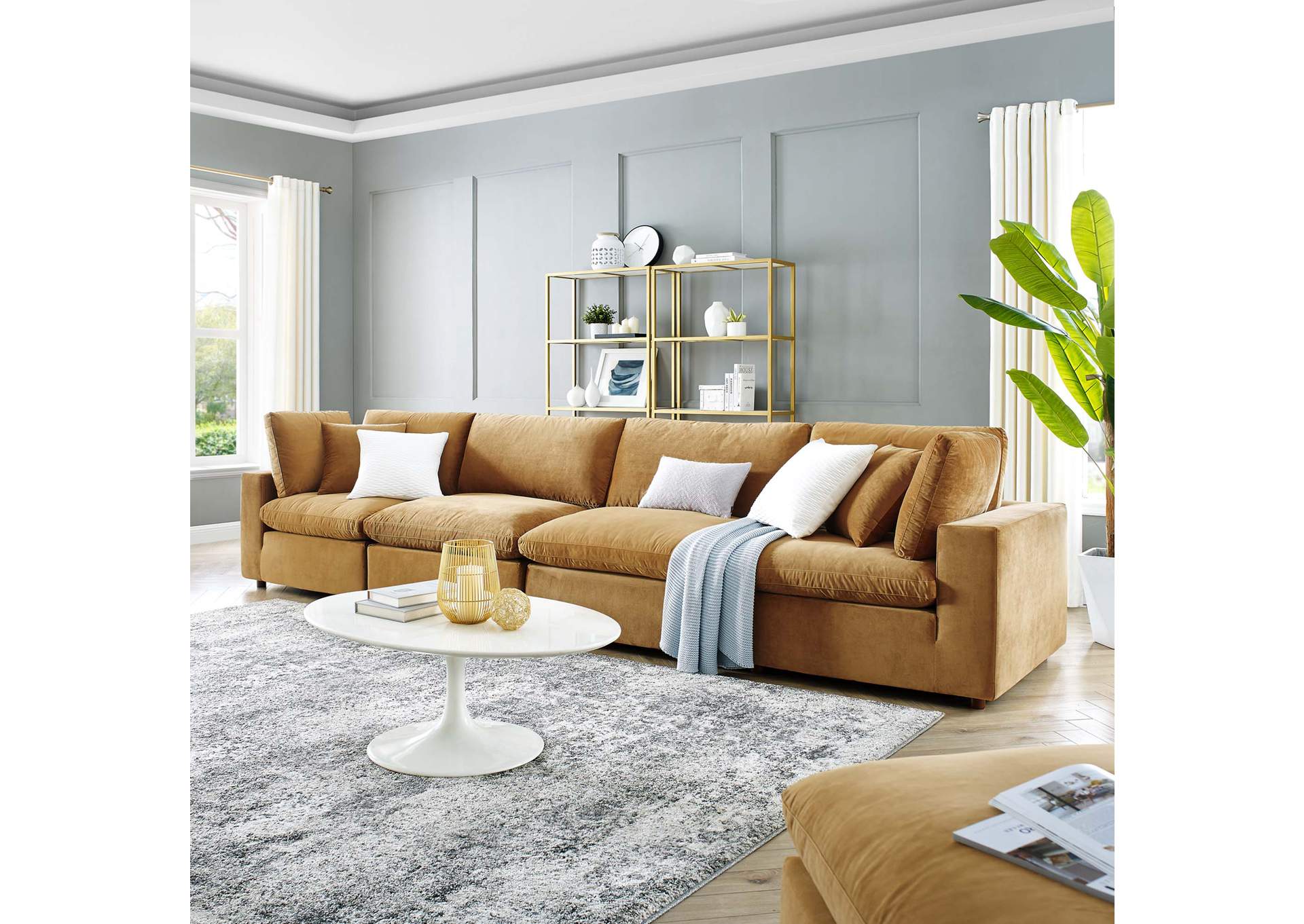 Cognac Commix Down Filled Overstuffed Performance Velvet 4-Seater Sofa,Modway