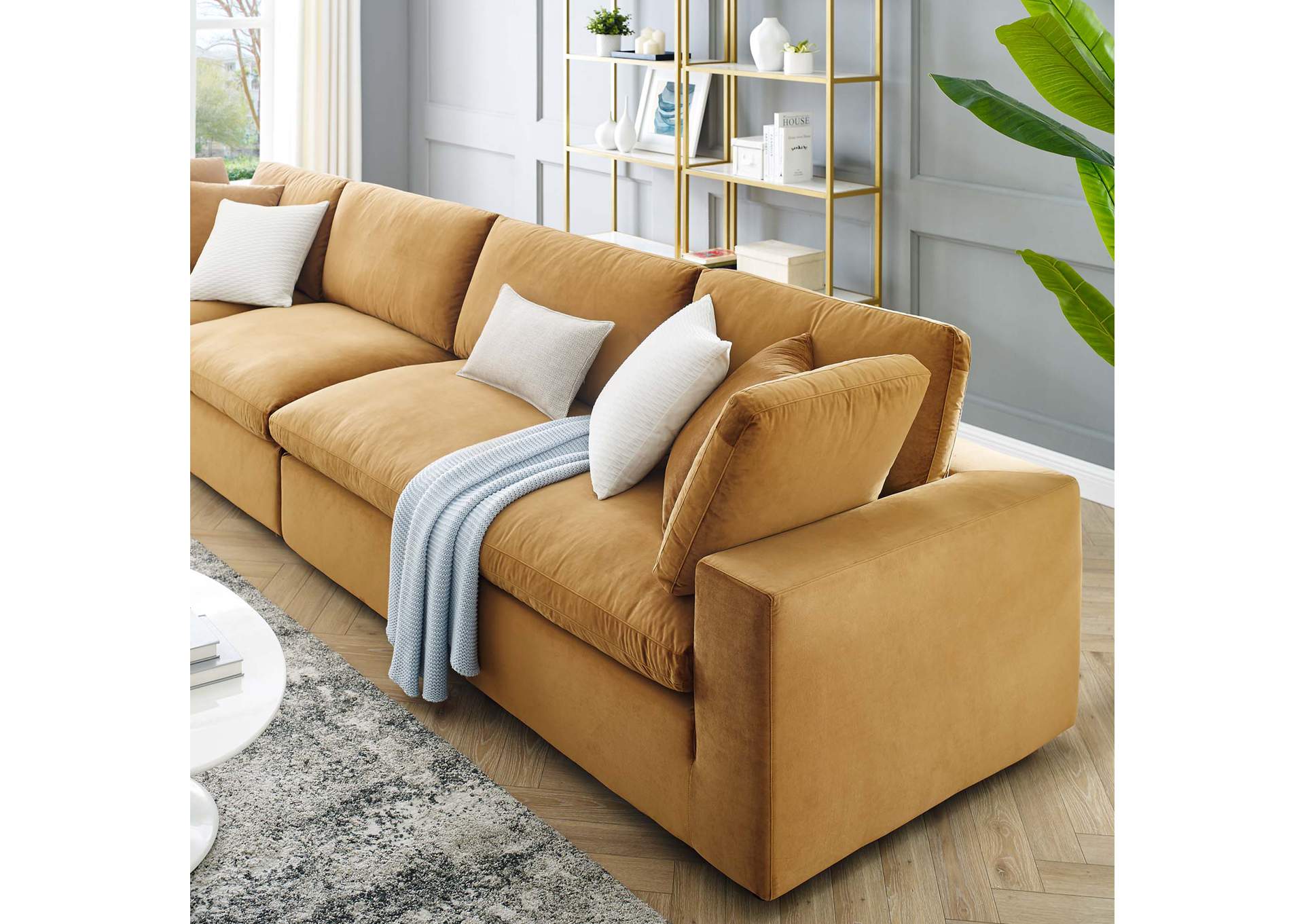 Cognac Commix Down Filled Overstuffed Performance Velvet 4-Seater Sofa,Modway