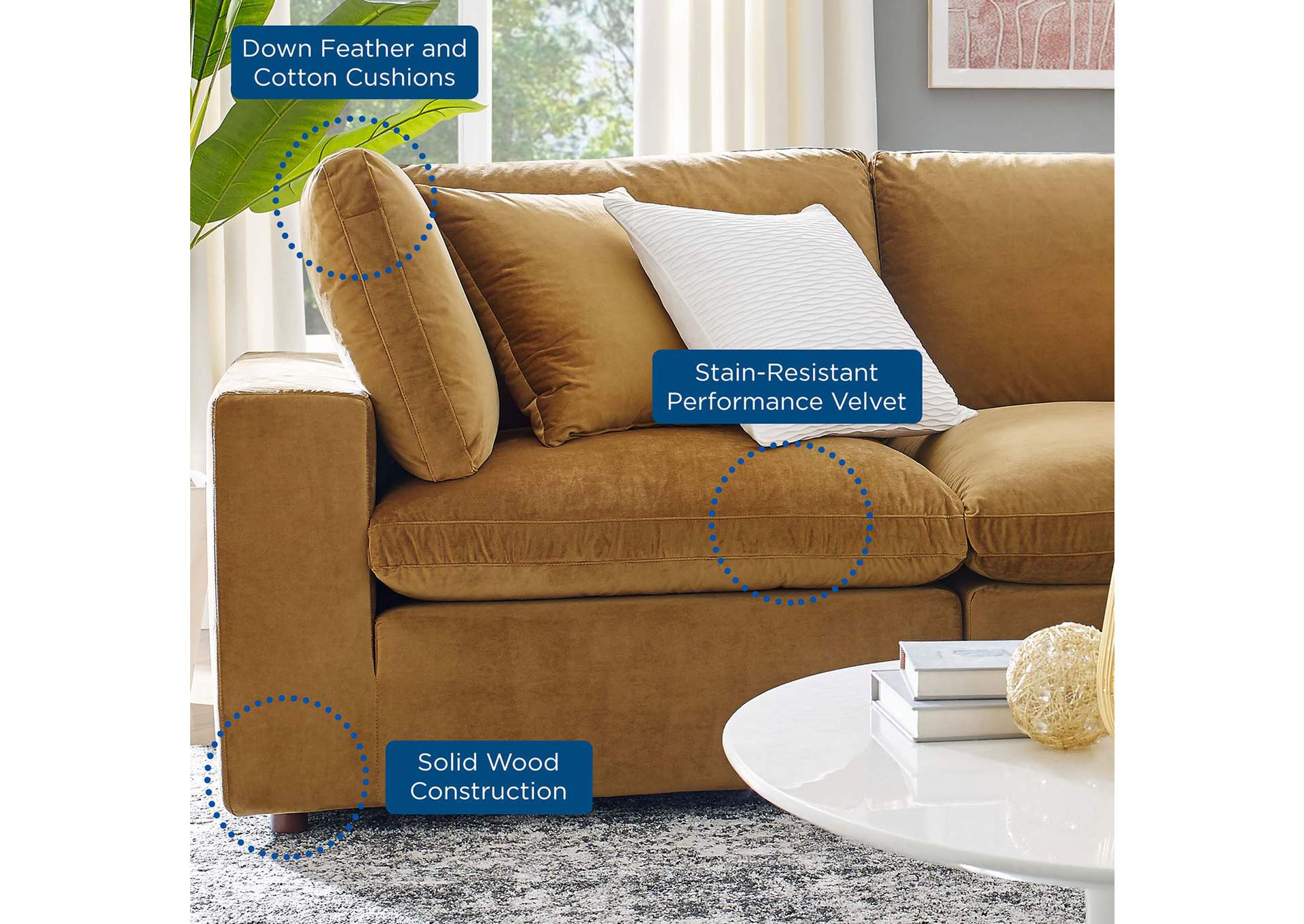 Cognac Commix Down Filled Overstuffed Performance Velvet 5-Piece Sectional Sofa,Modway