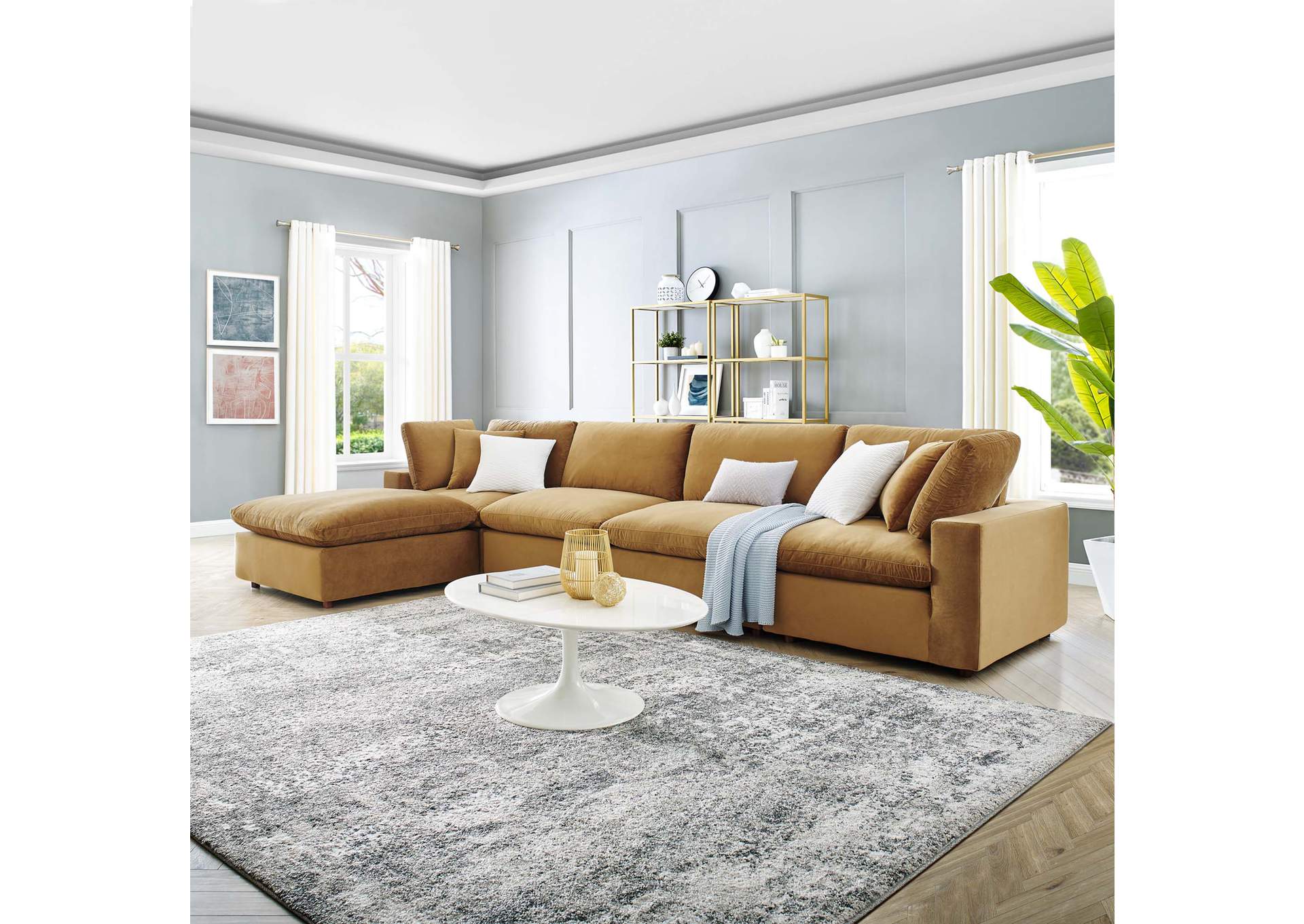 Cognac Commix Down Filled Overstuffed Performance Velvet 5-Piece Sectional Sofa,Modway