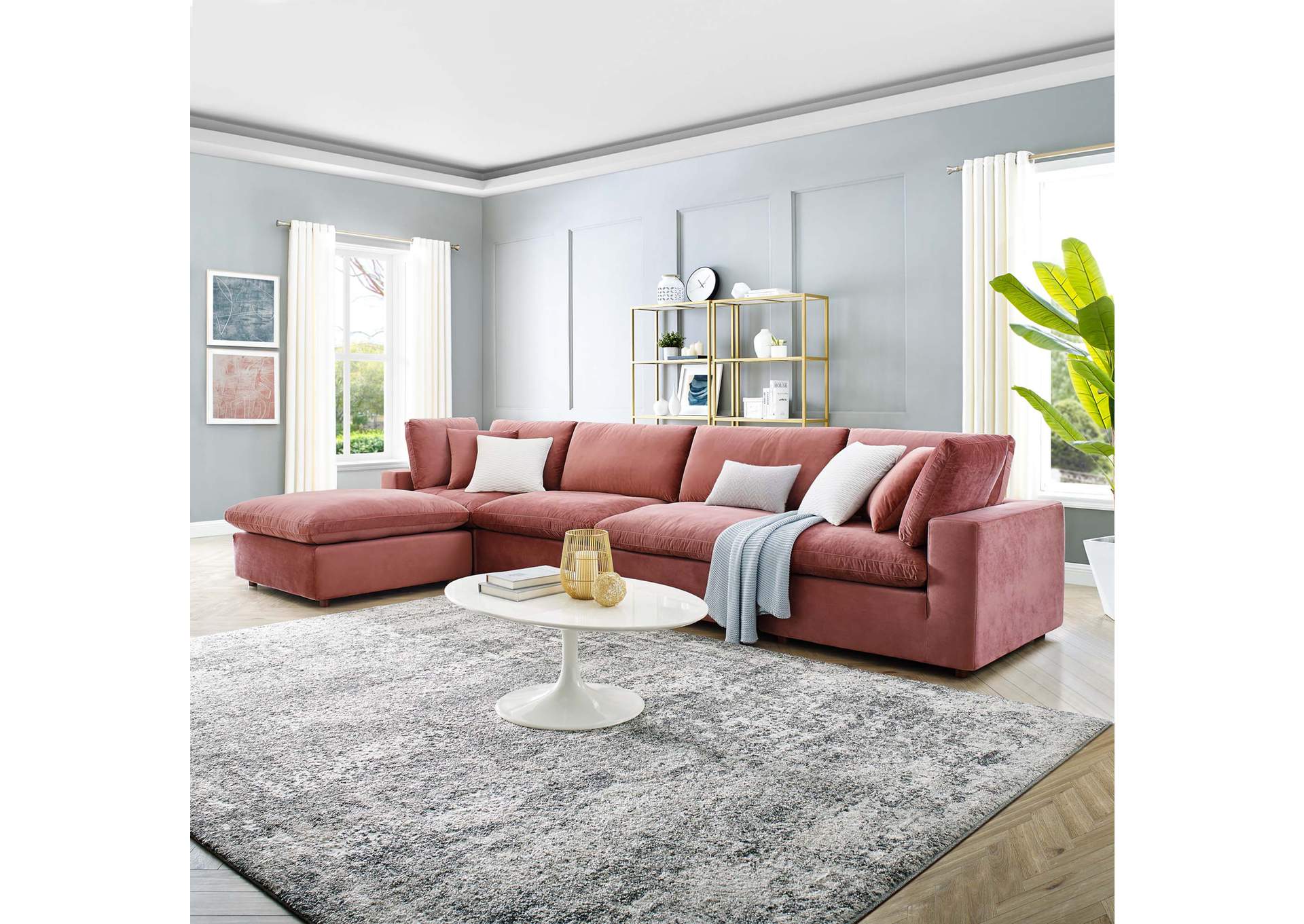 Dusty Rose Commix Down Filled Overstuffed Performance Velvet 5-Piece Sectional Sofa,Modway