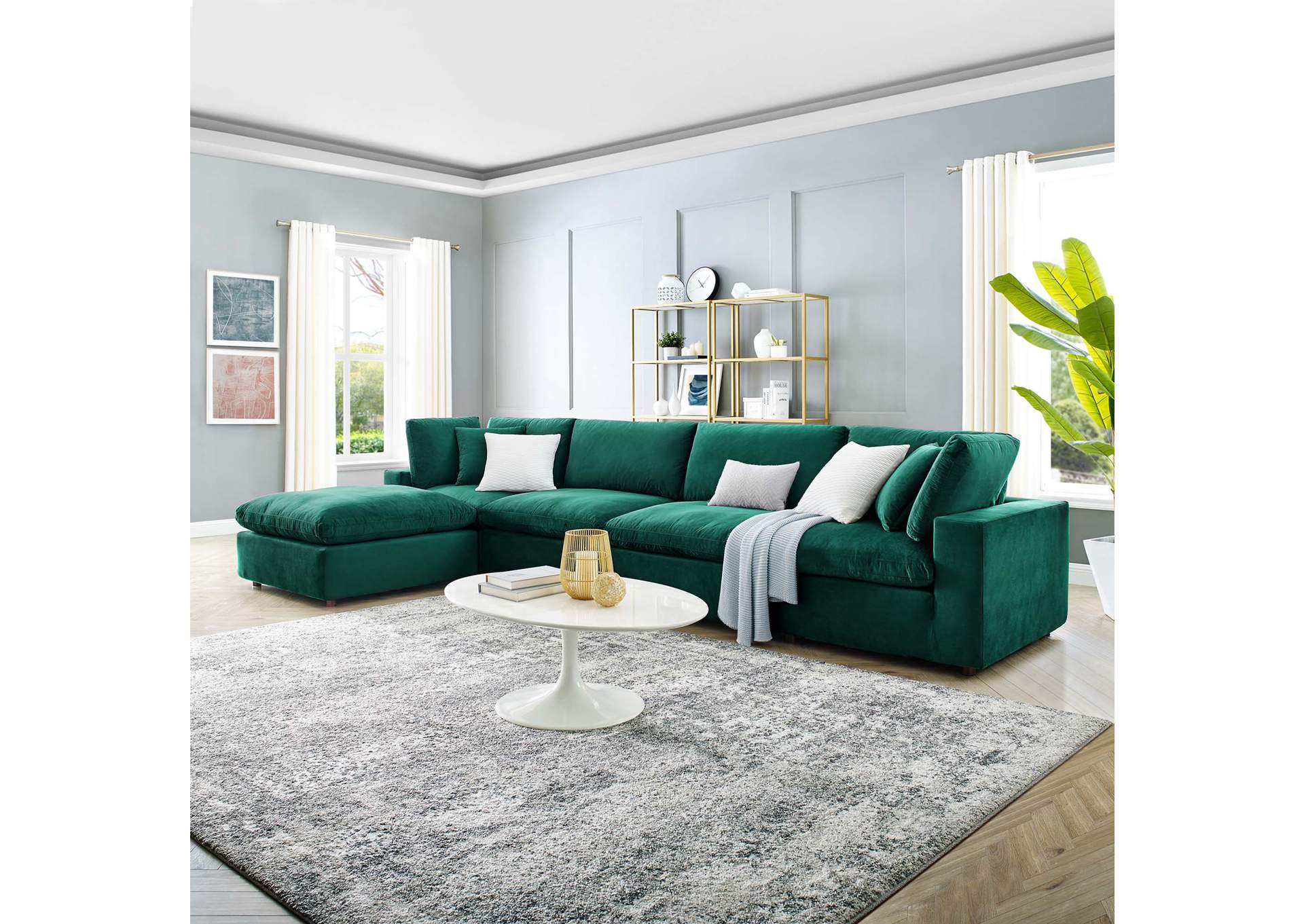 Green Commix Down Filled Overstuffed Performance Velvet 5-Piece Sectional Sofa,Modway