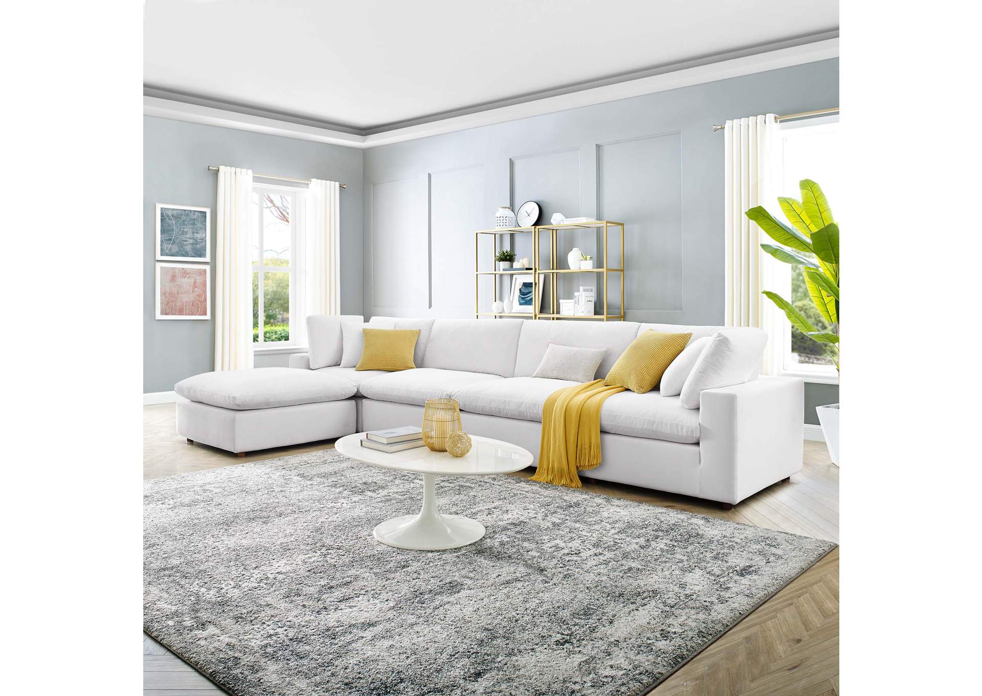 White Commix Down Filled Overstuffed Performance Velvet 5-Piece Sectional Sofa,Modway
