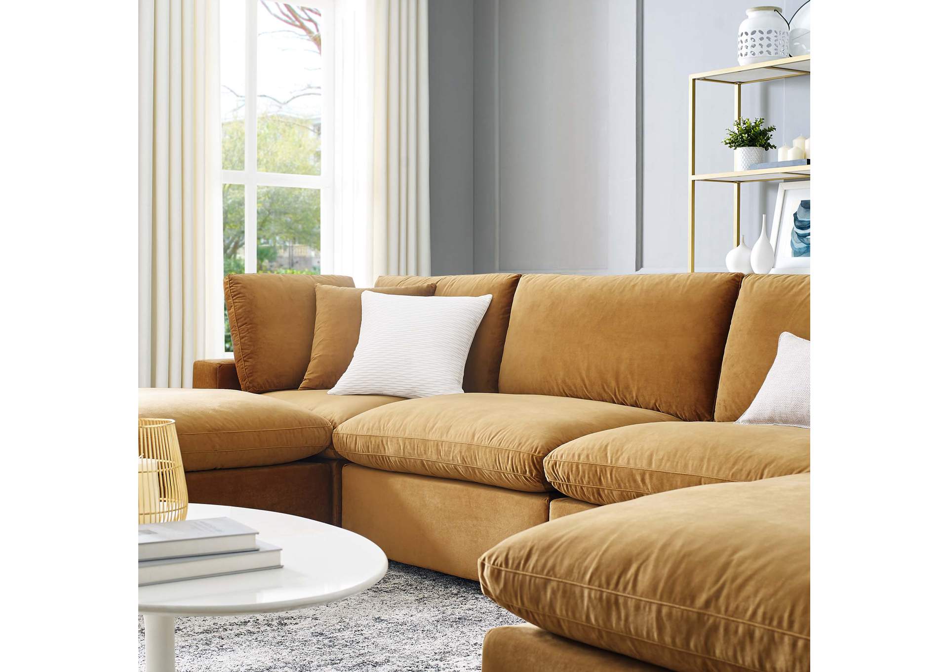 Cognac Commix Down Filled Overstuffed Performance Velvet 6-Piece Sectional Sofa,Modway