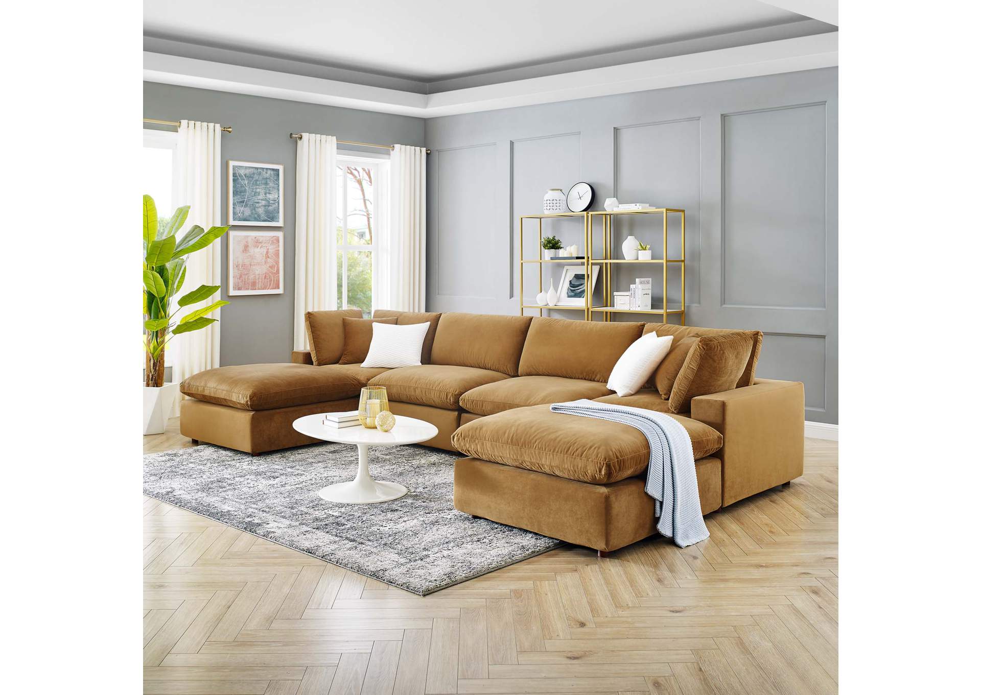 Cognac Commix Down Filled Overstuffed Performance Velvet 6-Piece Sectional Sofa,Modway