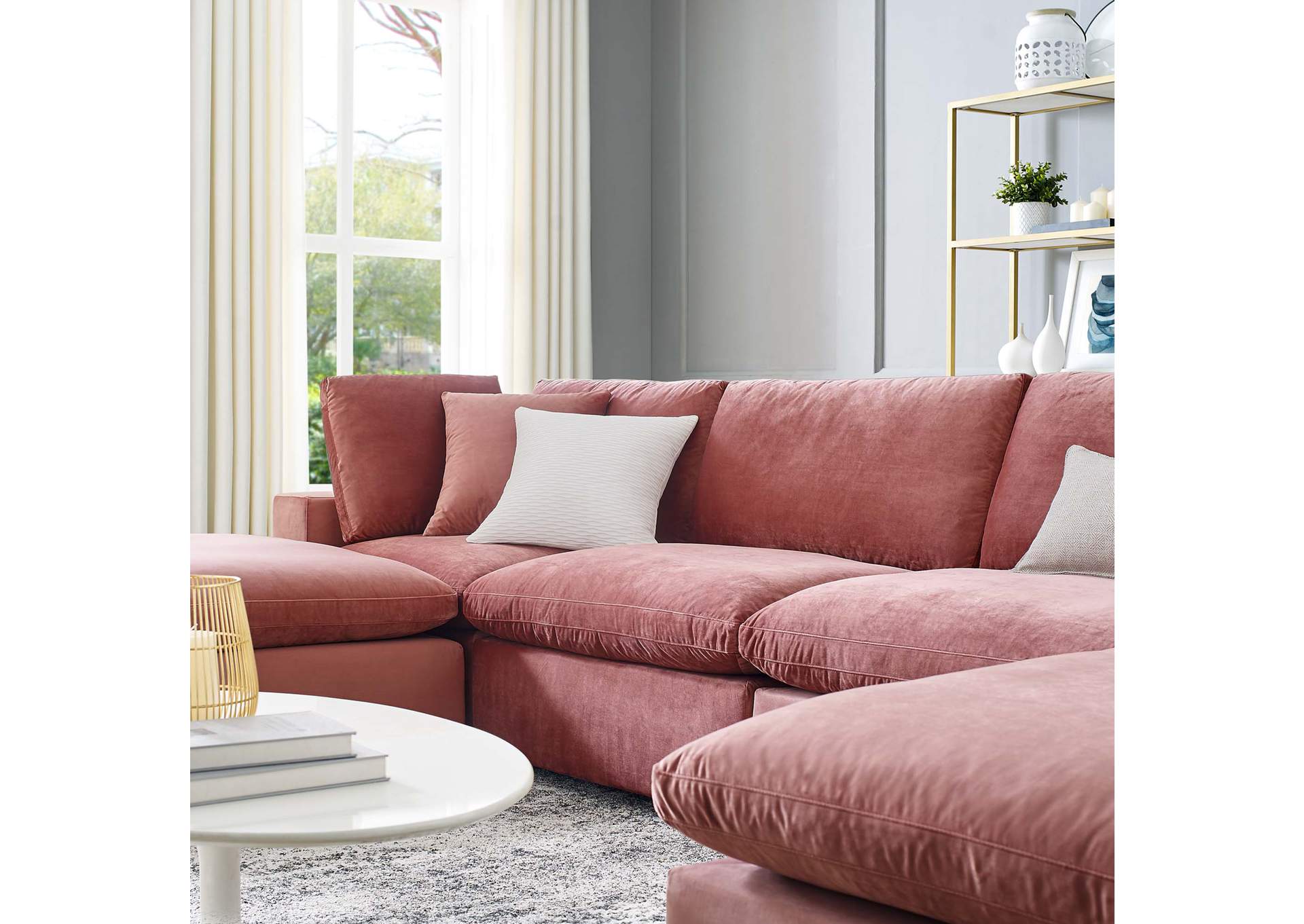Dusty Rose Commix Down Filled Overstuffed Performance Velvet 6-Piece Sectional Sofa,Modway
