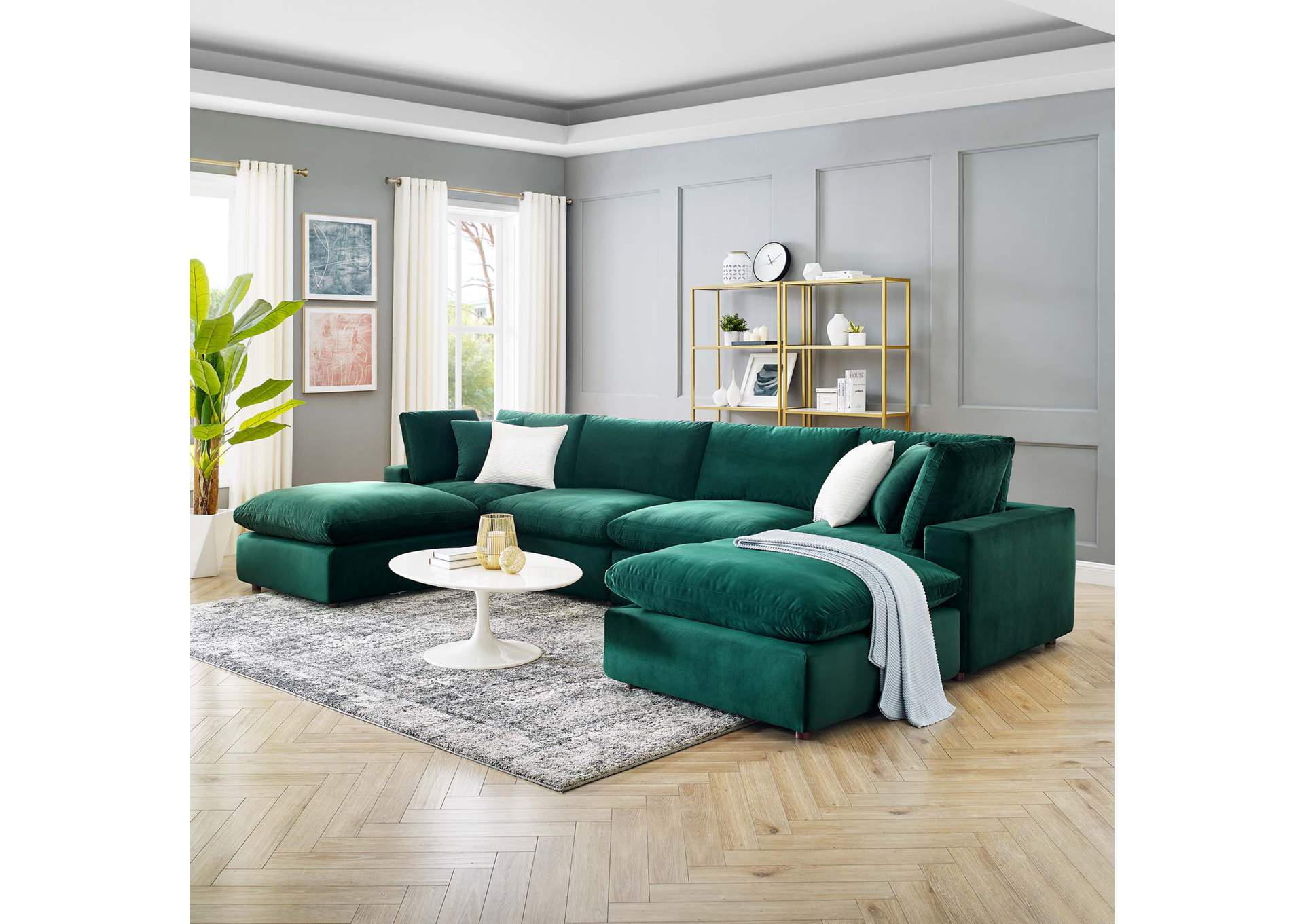 Green Commix Down Filled Overstuffed Performance Velvet 6-Piece Sectional Sofa,Modway