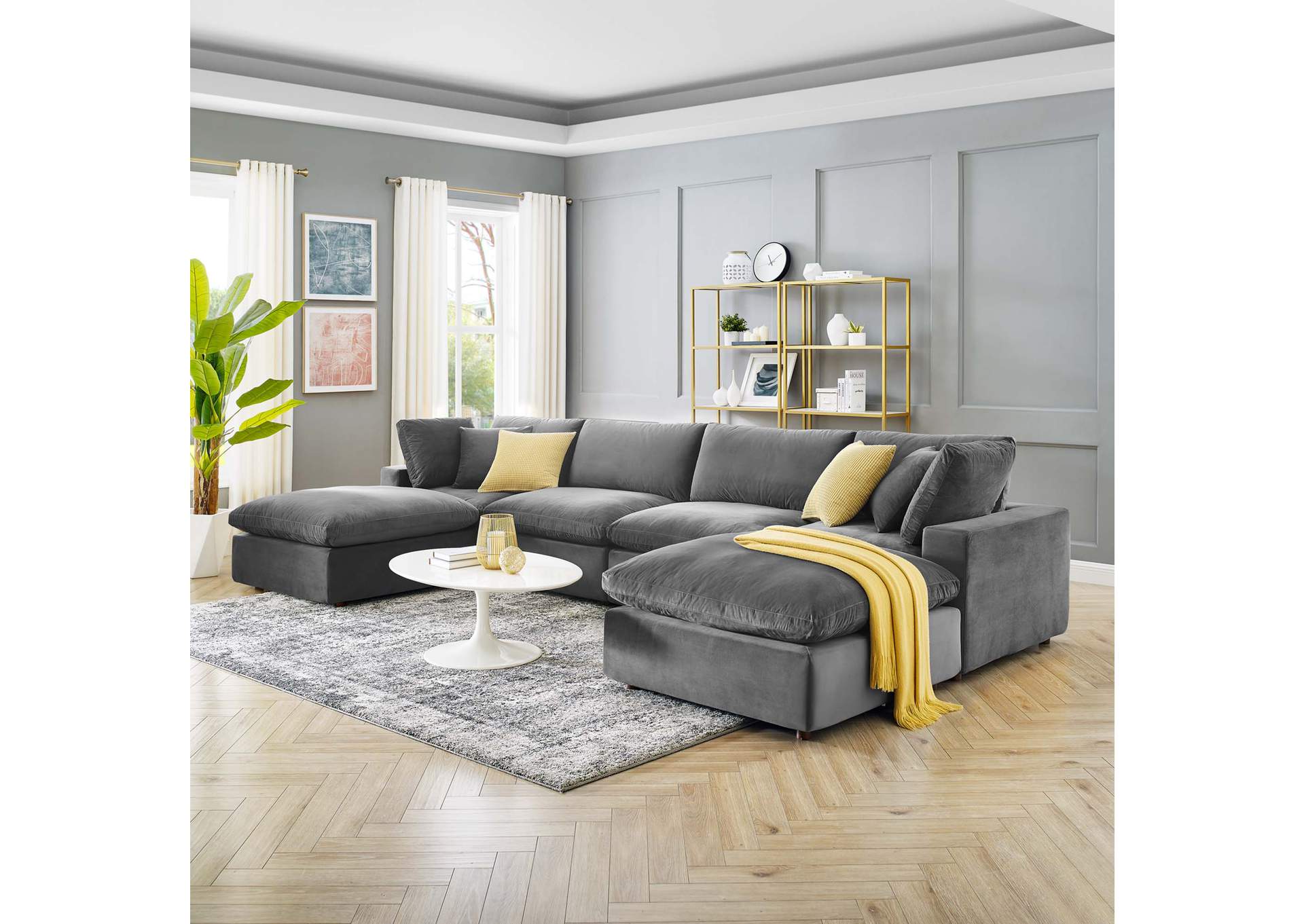 Gray Commix Down Filled Overstuffed Performance Velvet 6-Piece Sectional Sofa,Modway