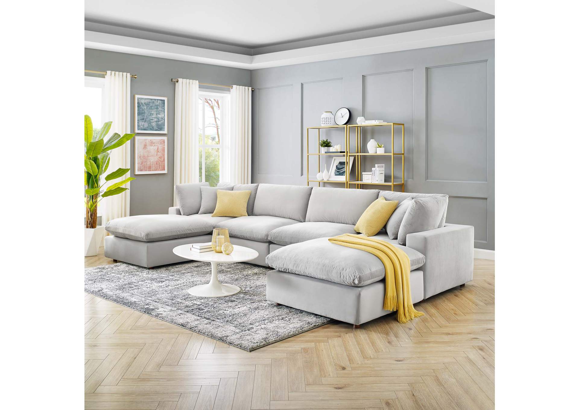 Light Gray Commix Down Filled Overstuffed Performance Velvet 6-Piece Sectional Sofa,Modway