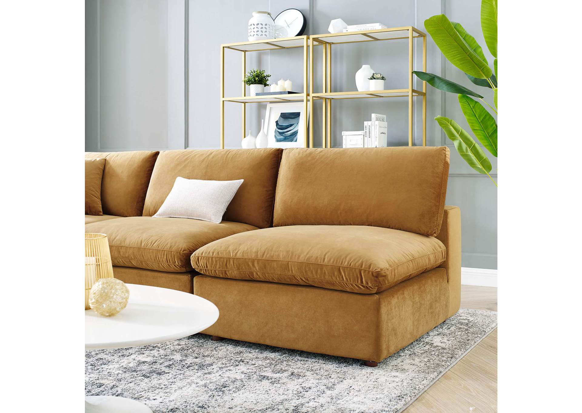 Cognac Commix Down Filled Overstuffed Performance Velvet 5-Piece Sectional Sofa,Modway