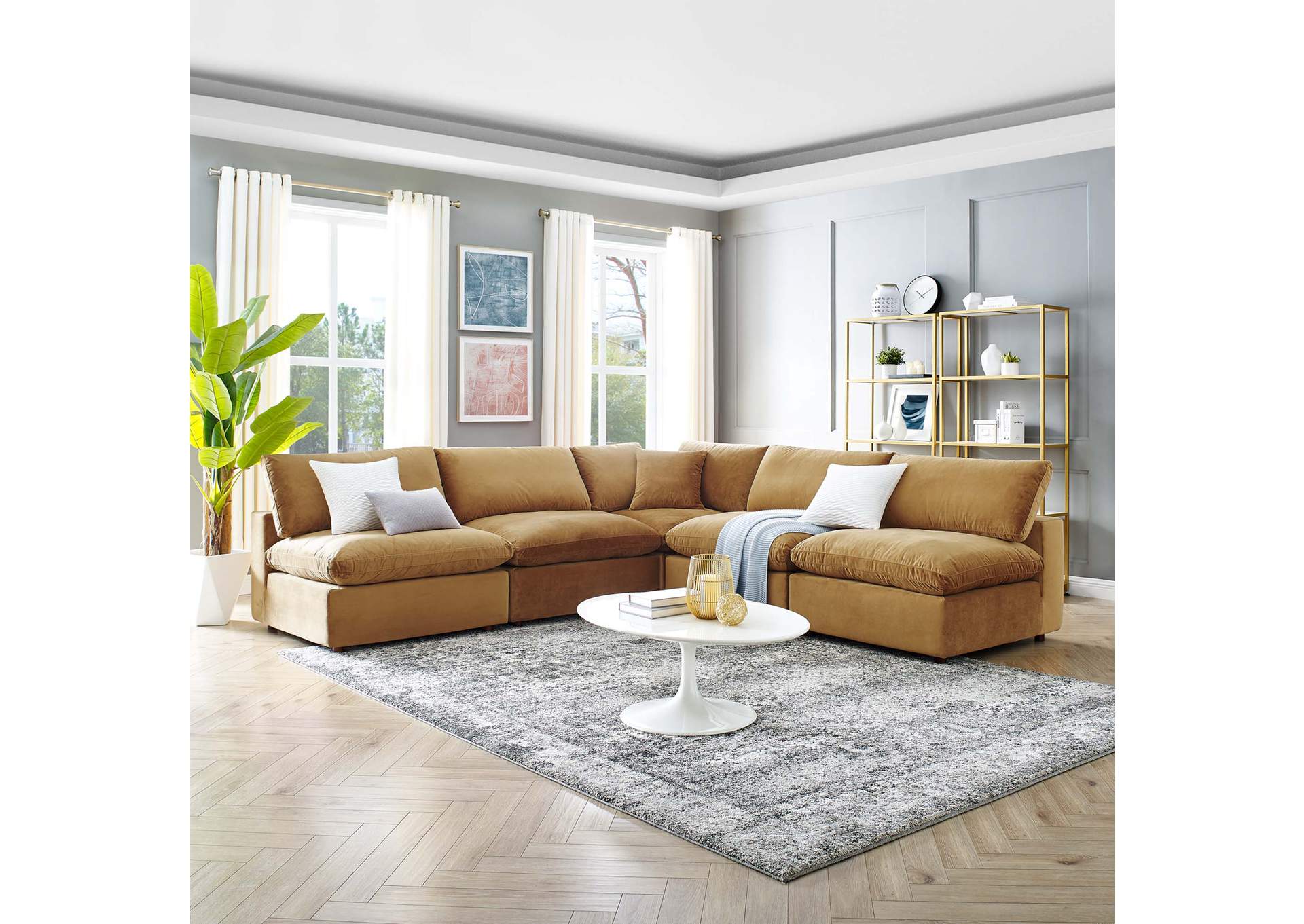 Cognac Commix Down Filled Overstuffed Performance Velvet 5-Piece Sectional Sofa,Modway