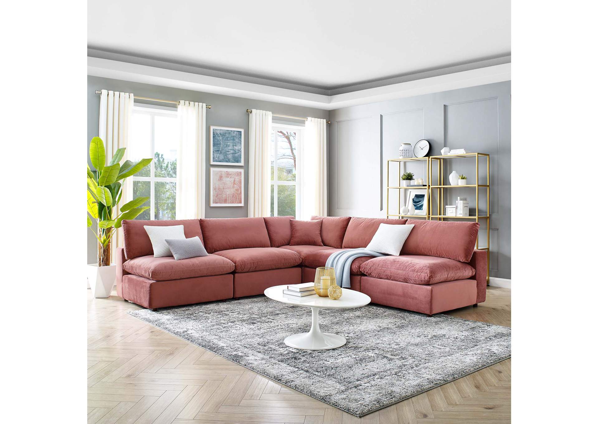 Dusty Rose Commix Down Filled Overstuffed Performance Velvet 5-Piece Sectional Sofa,Modway