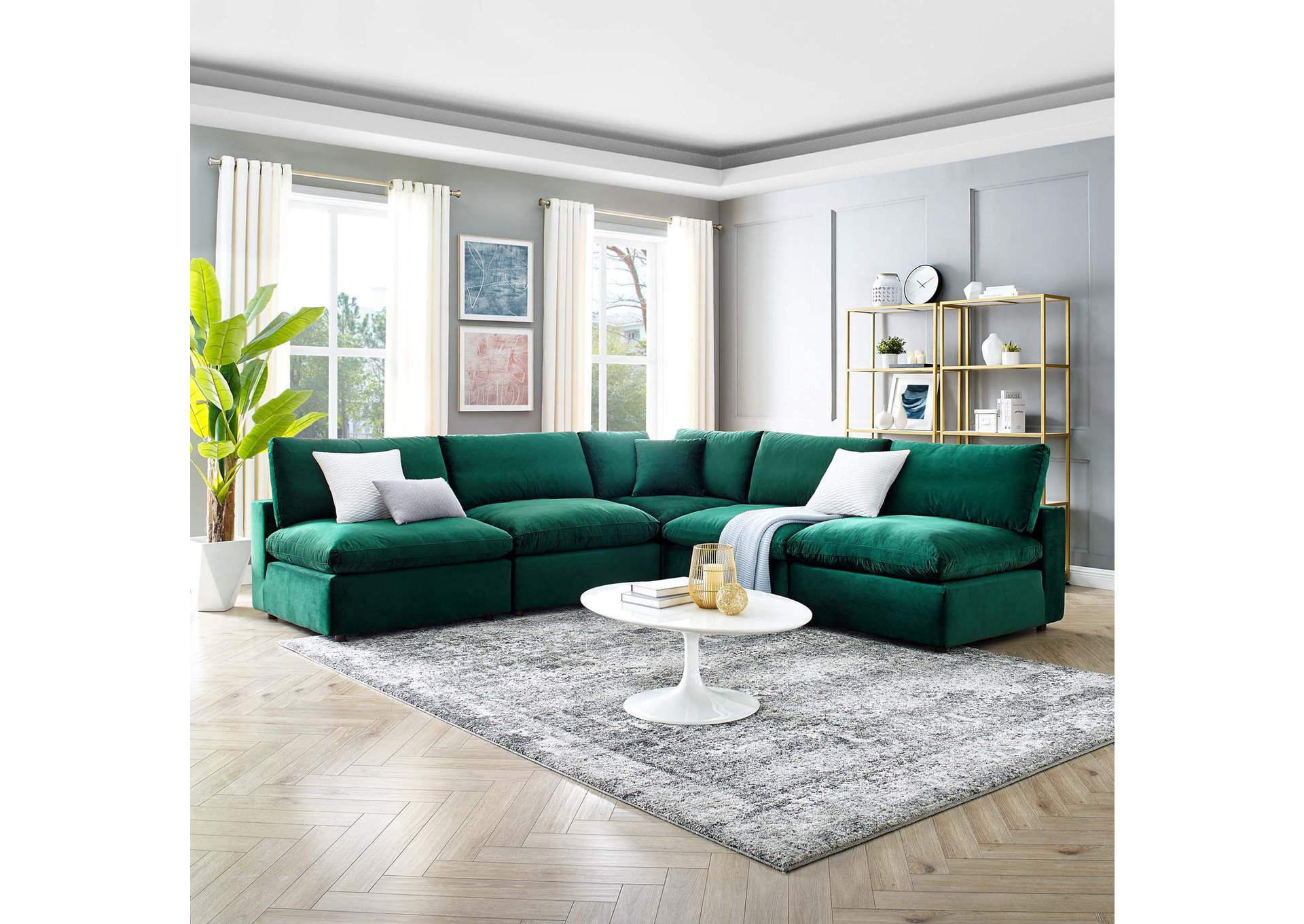 Green Commix Down Filled Overstuffed Performance Velvet 5-Piece Sectional Sofa,Modway