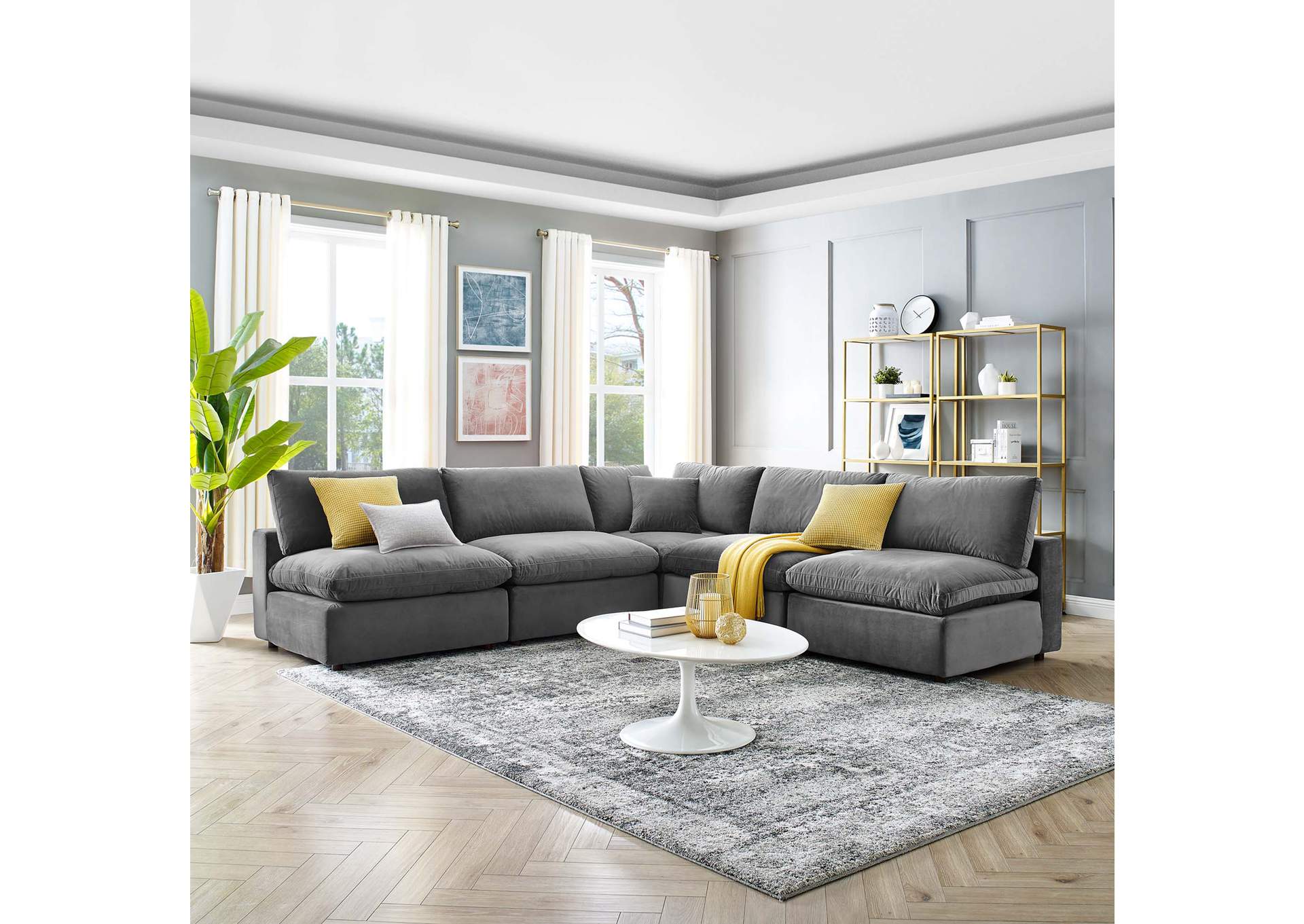 Gray Commix Down Filled Overstuffed Performance Velvet 5-Piece Sectional Sofa,Modway