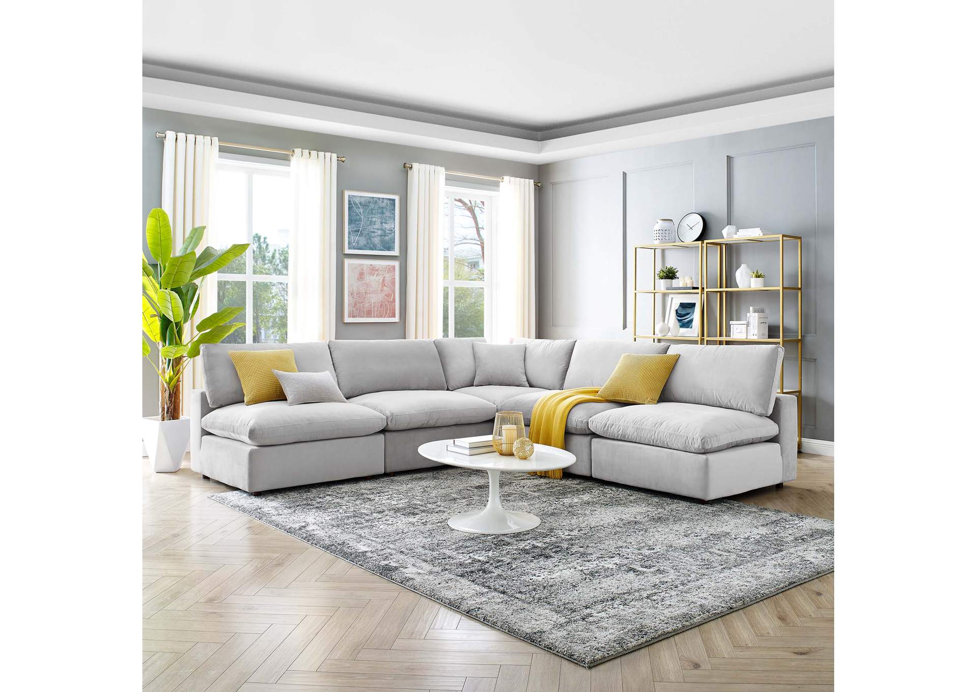 Light Gray Commix Down Filled Overstuffed Performance Velvet 5-Piece Sectional Sofa,Modway