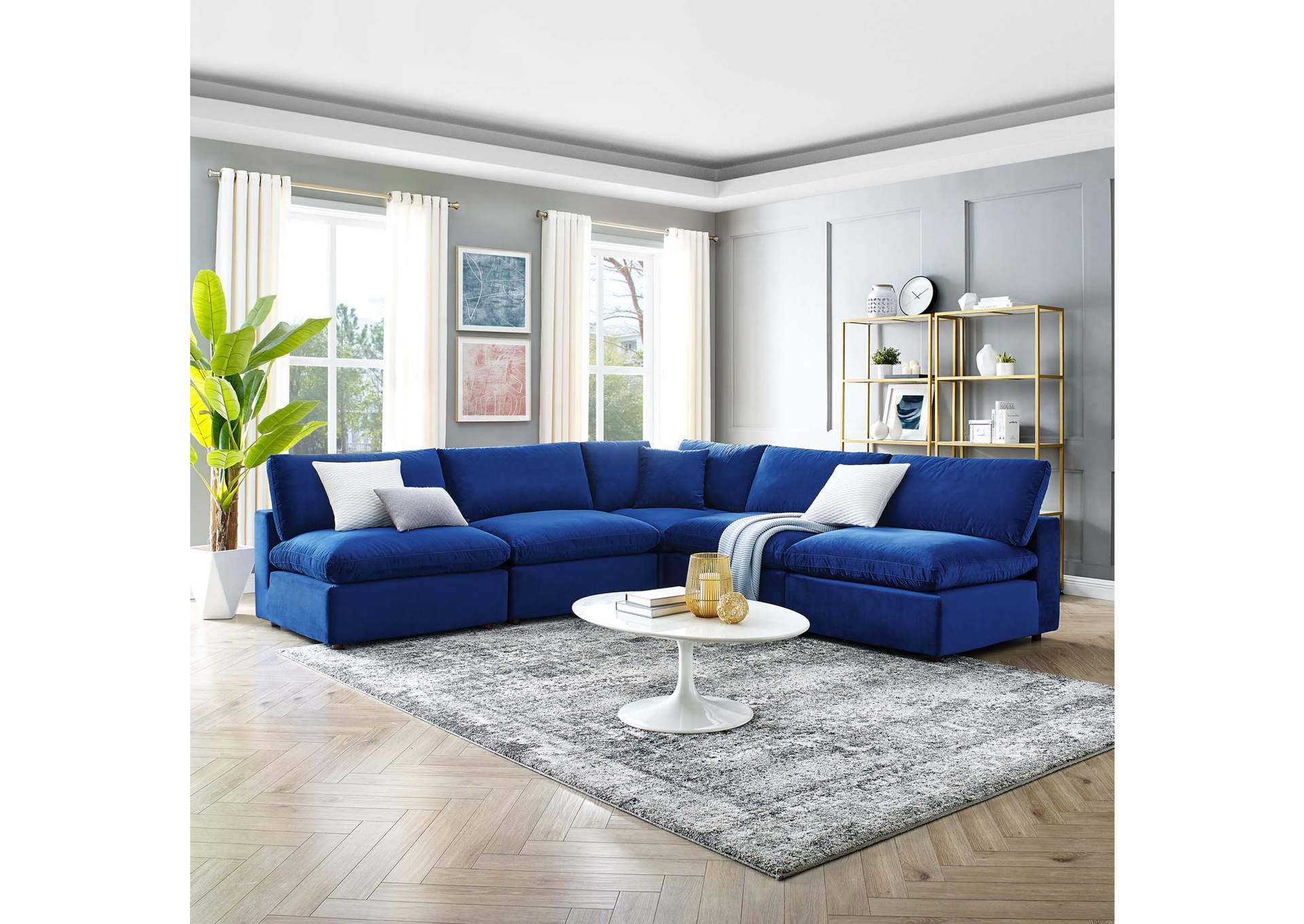 Navy Commix Down Filled Overstuffed Performance Velvet 5-Piece Sectional Sofa,Modway