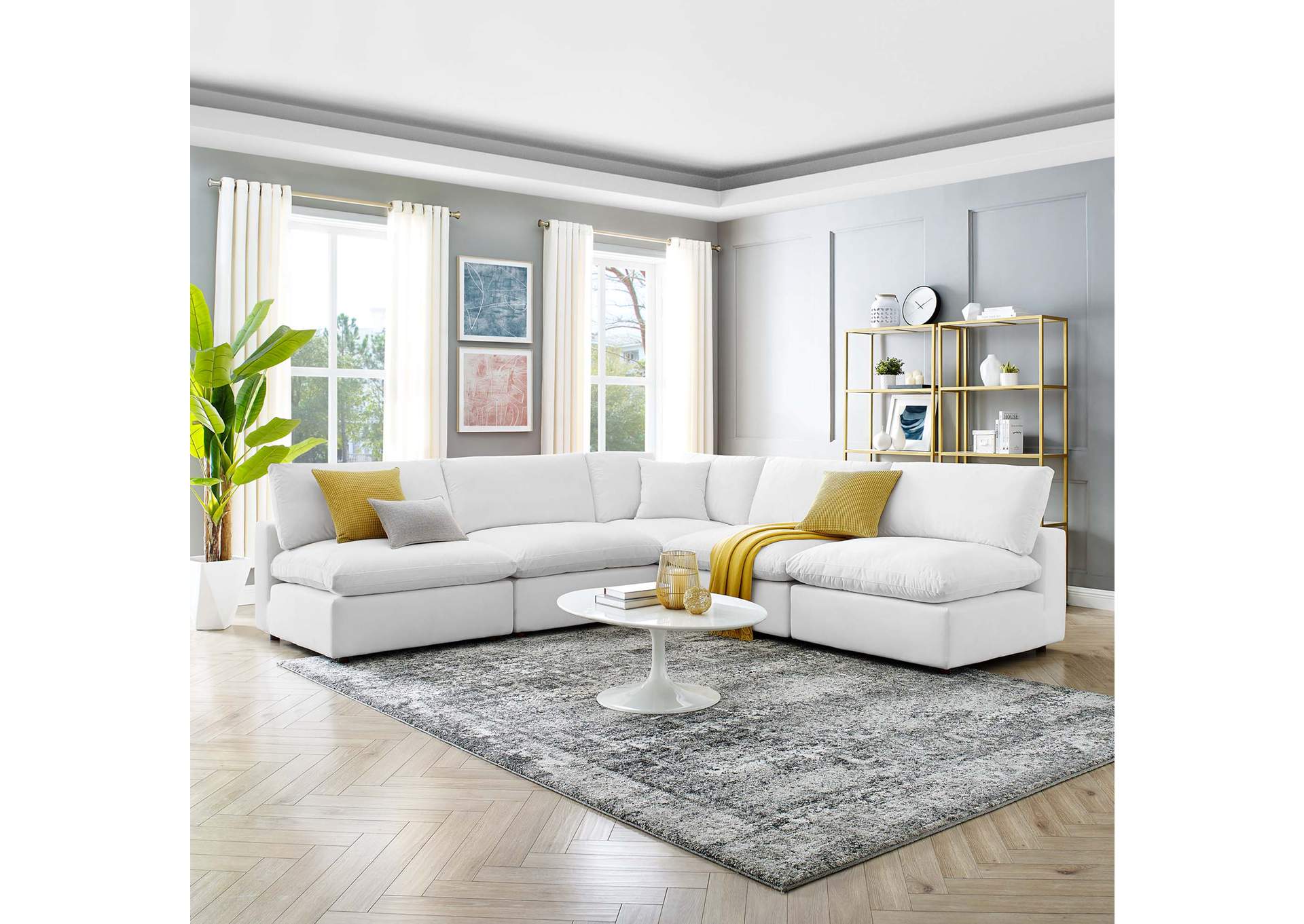 White Commix Down Filled Overstuffed Performance Velvet 5-Piece Sectional Sofa,Modway