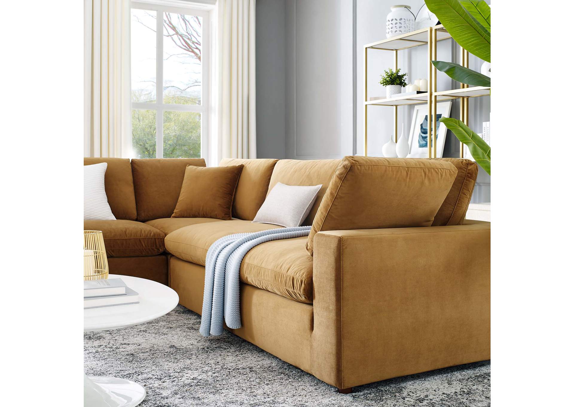 Cognac Commix Down Filled Overstuffed Performance Velvet 5-Piece Sectional Sofa,Modway