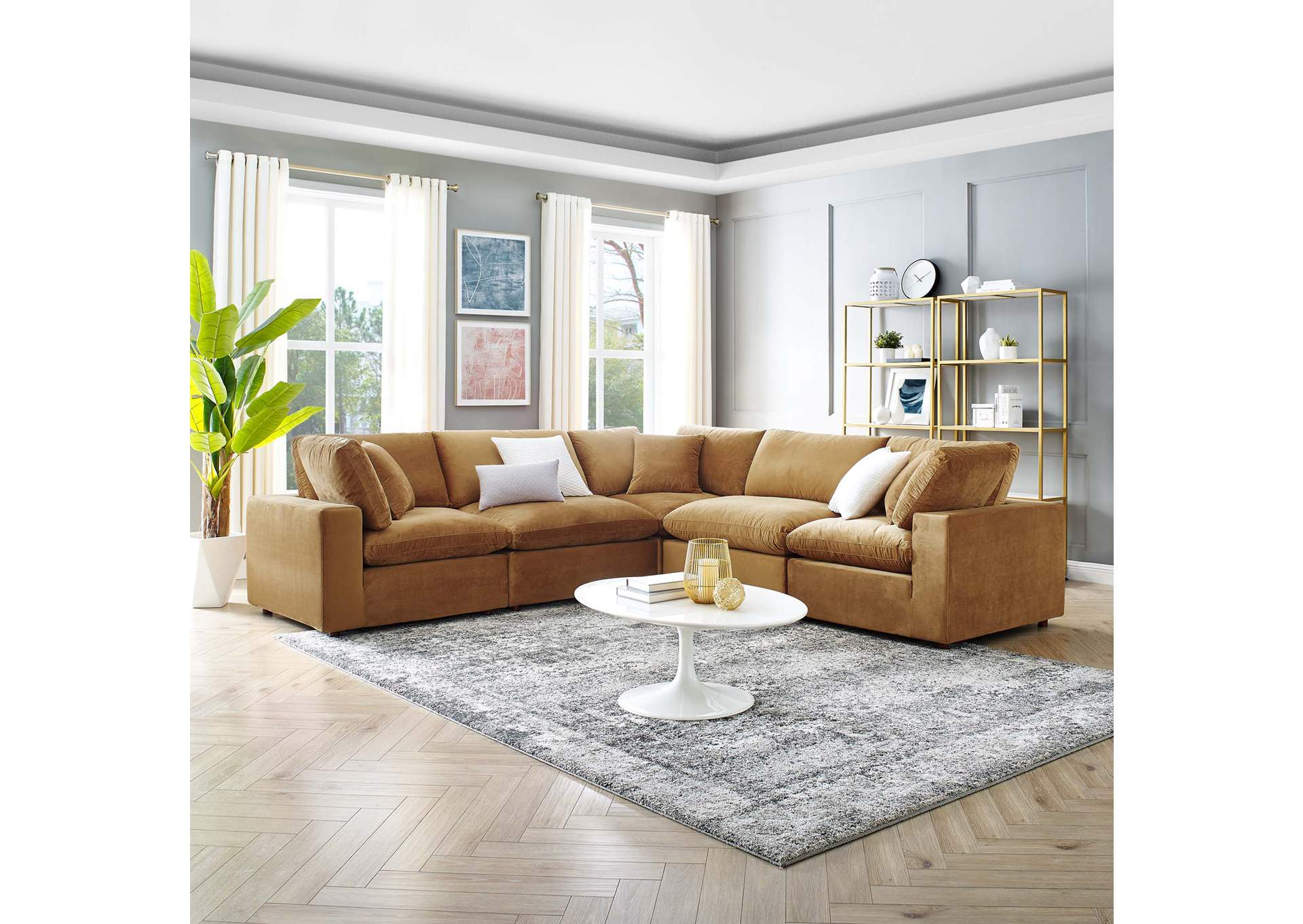 Cognac Commix Down Filled Overstuffed Performance Velvet 5-Piece Sectional Sofa,Modway