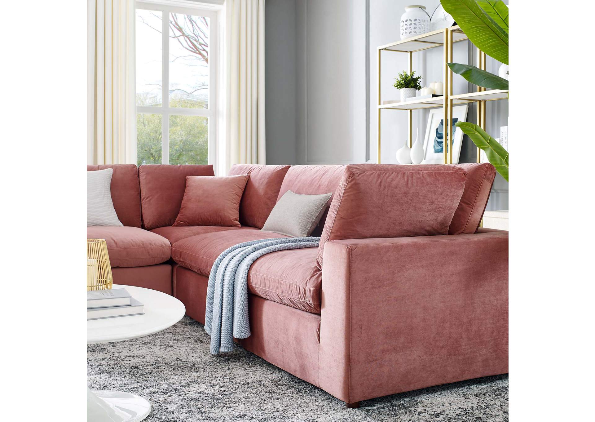 Dusty Rose Commix Down Filled Overstuffed Performance Velvet 5-Piece Sectional Sofa,Modway