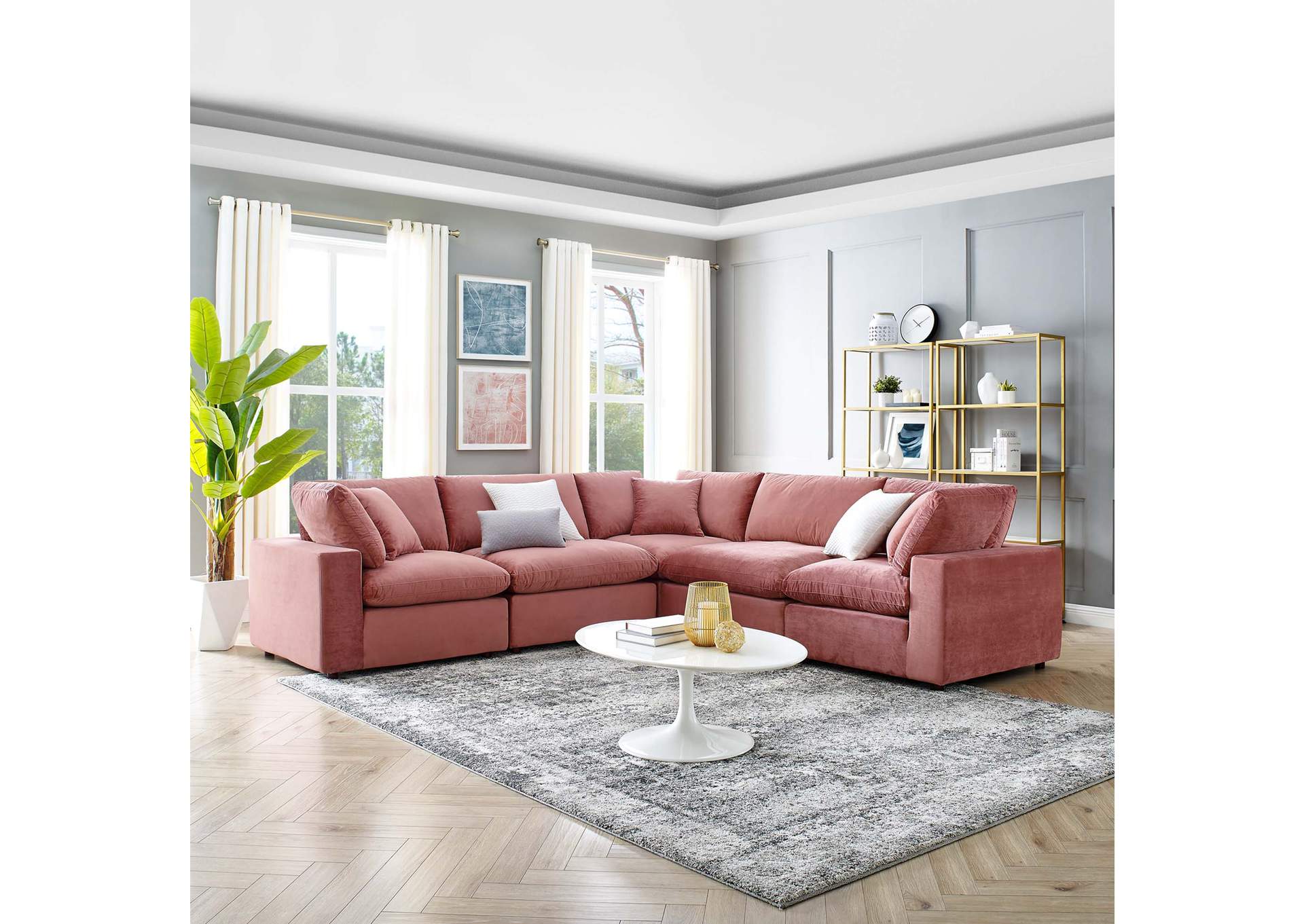 Dusty Rose Commix Down Filled Overstuffed Performance Velvet 5-Piece Sectional Sofa,Modway